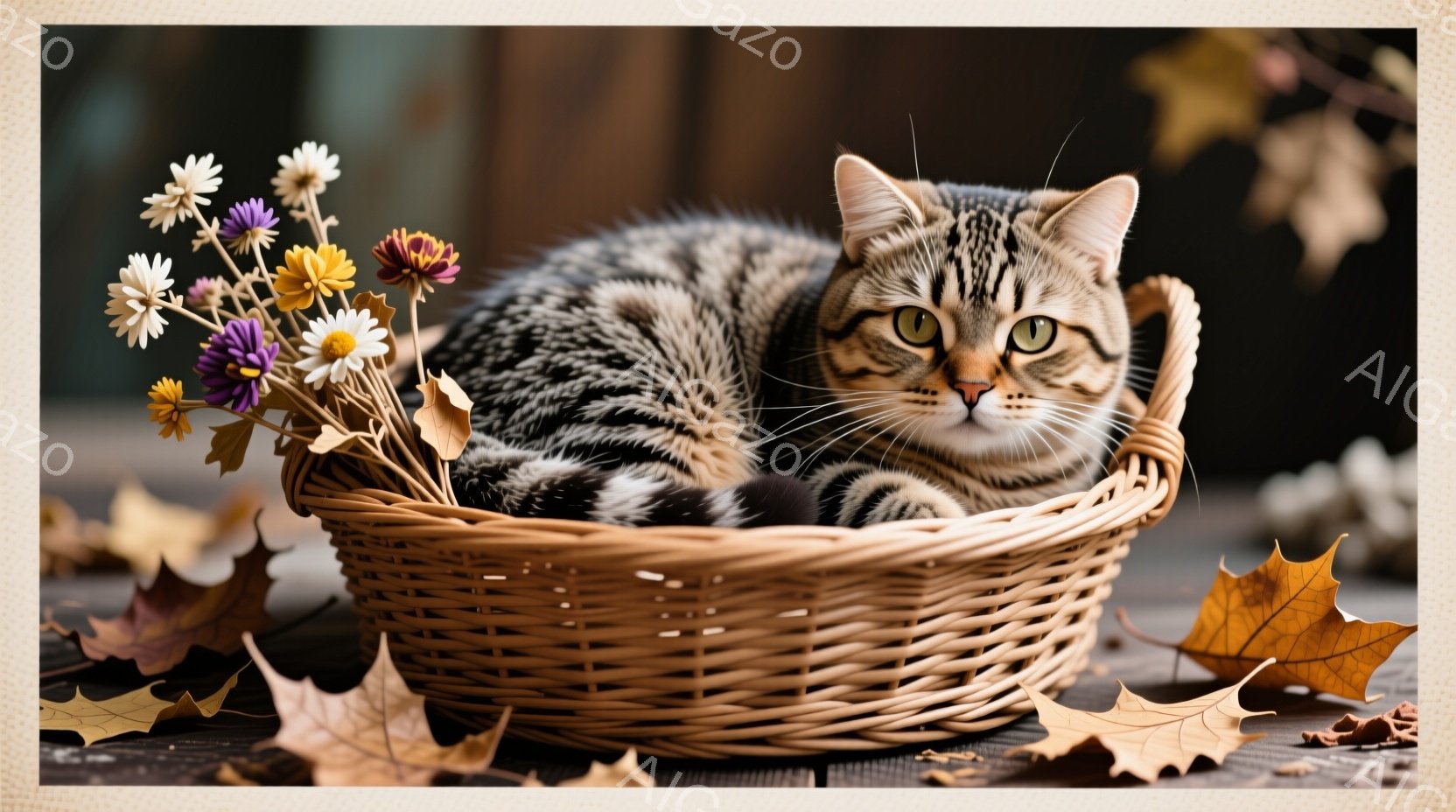 縞模様の猫が、花と落ち葉に囲まれた籐の籠の中で丸くなっている。猫は落ち着いた表情で、やや上目遣いをしてこちらを見ている。背景は木の板で、秋の雰囲気を感じさせる暖色系の色調で統一されている。