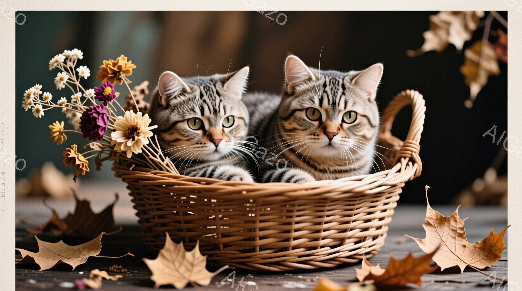 籠の中に二匹の縞模様の猫が寄り添って座っています。周囲には秋らしい枯れ葉が散りばめられ、籠の端にはドライフラワーが飾られています。暖色系の色調と木製の台が、温かく穏やかな秋の雰囲気を醸し出しています。
