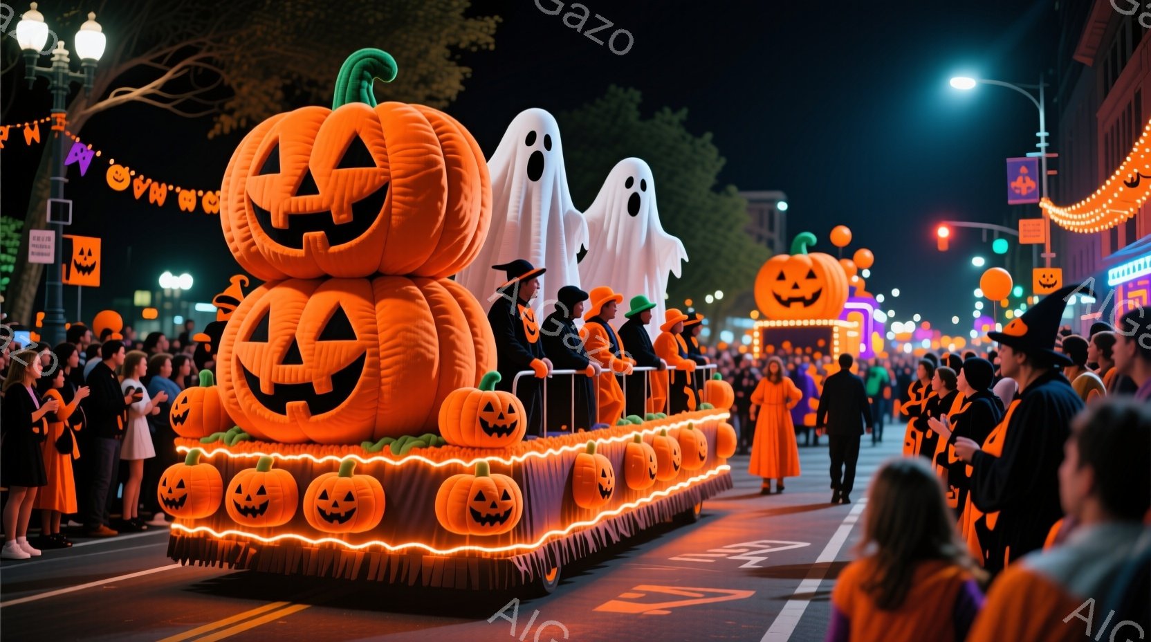 ハロウィーンのパレードが行われている様子が写っています。巨大なカボチャを模したフロートが通りを進み、フロートの上には魔女や幽霊のコスチュームを着た人々が乗っています。背景には観客が多く、建物や街路樹がライトアップされ、お祭り騒ぎの華やかな雰囲気が漂っています。