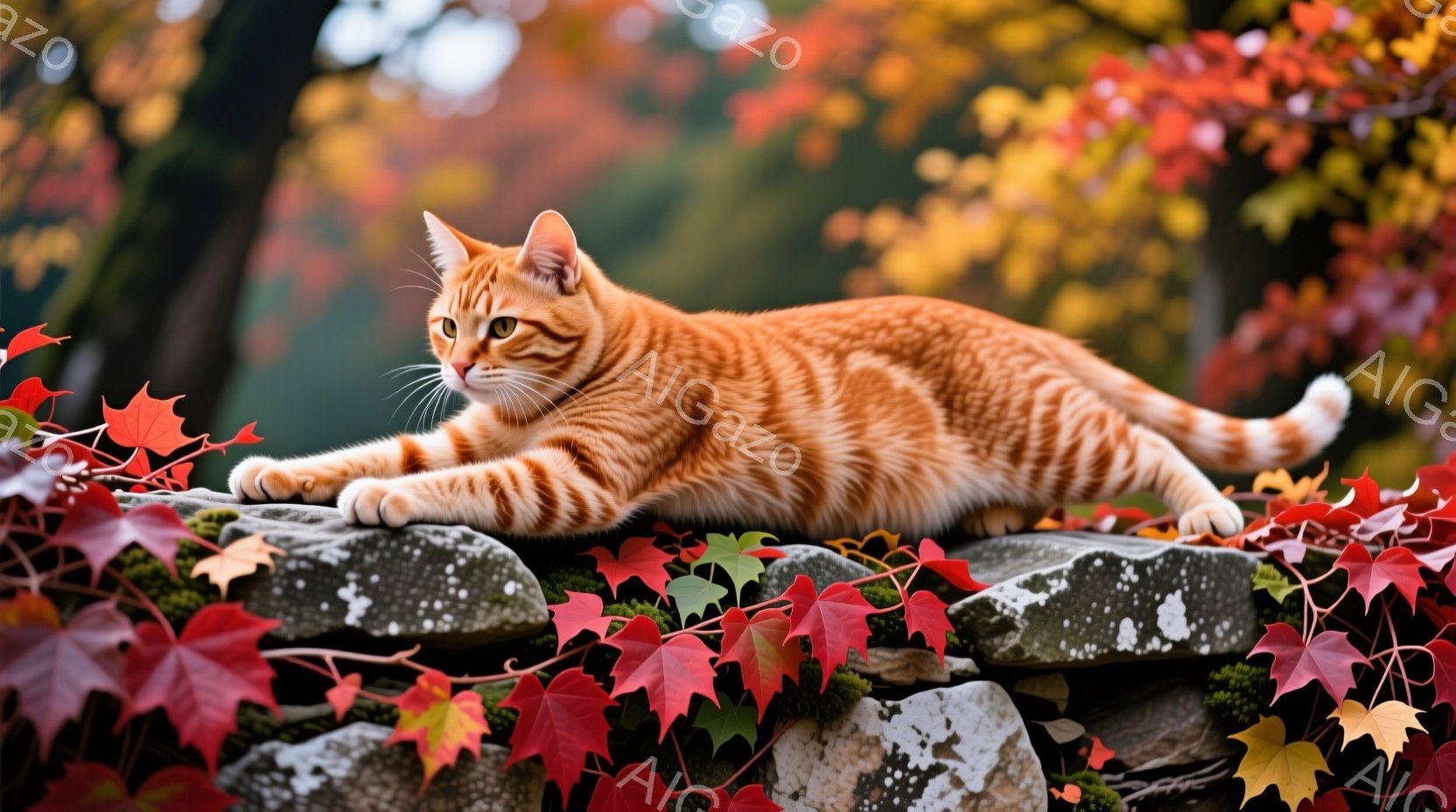 鮮やかなオレンジ色の縞模様の猫が、苔むした石垣の上に横たわっています。猫は前足を伸ばし、リラックスした表情で、遠くを見つめています。背景には、紅葉した葉が散りばめられた秋の風景が広がり、温かくて穏やか - AI生成フリー素材