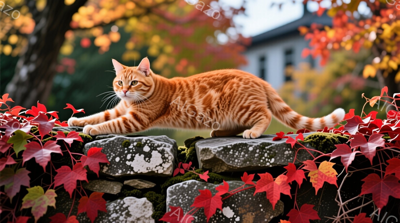 赤褐色の毛並みを持つ猫が、苔むした石垣の上を歩いている。背景には鮮やかな紅葉と、ぼやけた建物のシルエットが見え、秋の穏やかな雰囲気が漂っている。猫はリラックスした表情で、優雅な姿勢で石垣の上を歩いてい - AI生成フリー素材