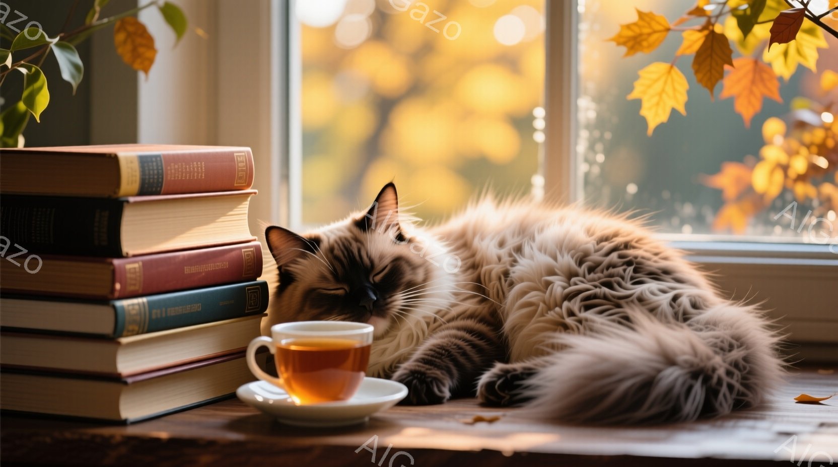 窓辺に積み重ねられた本の上に、ふわふわとした長毛の猫が丸まって眠っている。隣には、温かい紅茶が入った白いカップとソーサーが置かれ、背景には鮮やかな紅葉が見え、秋の穏やかな雰囲気が漂う。光が柔らかく差し込み、リラックスした心地よい空間を作り出している。