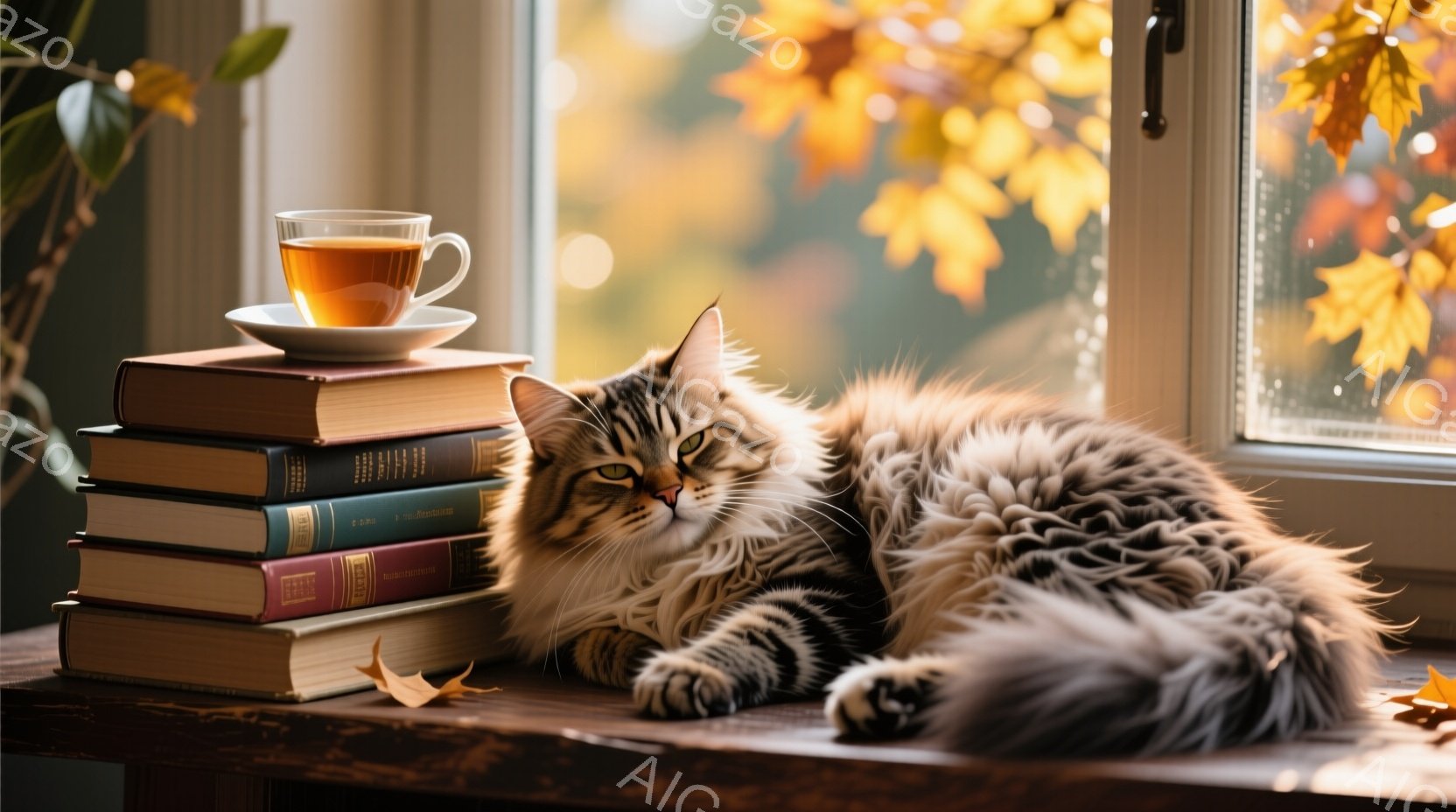長い毛並みの縞模様の猫が窓辺の木のテーブルの上で、本の上に体を伸ばして横たわっています。窓の外には紅葉した木々が見え、秋の暖かく穏やかな雰囲気を醸し出しています。テーブルの上には、本の上に置かれたカッ - AI生成フリー素材