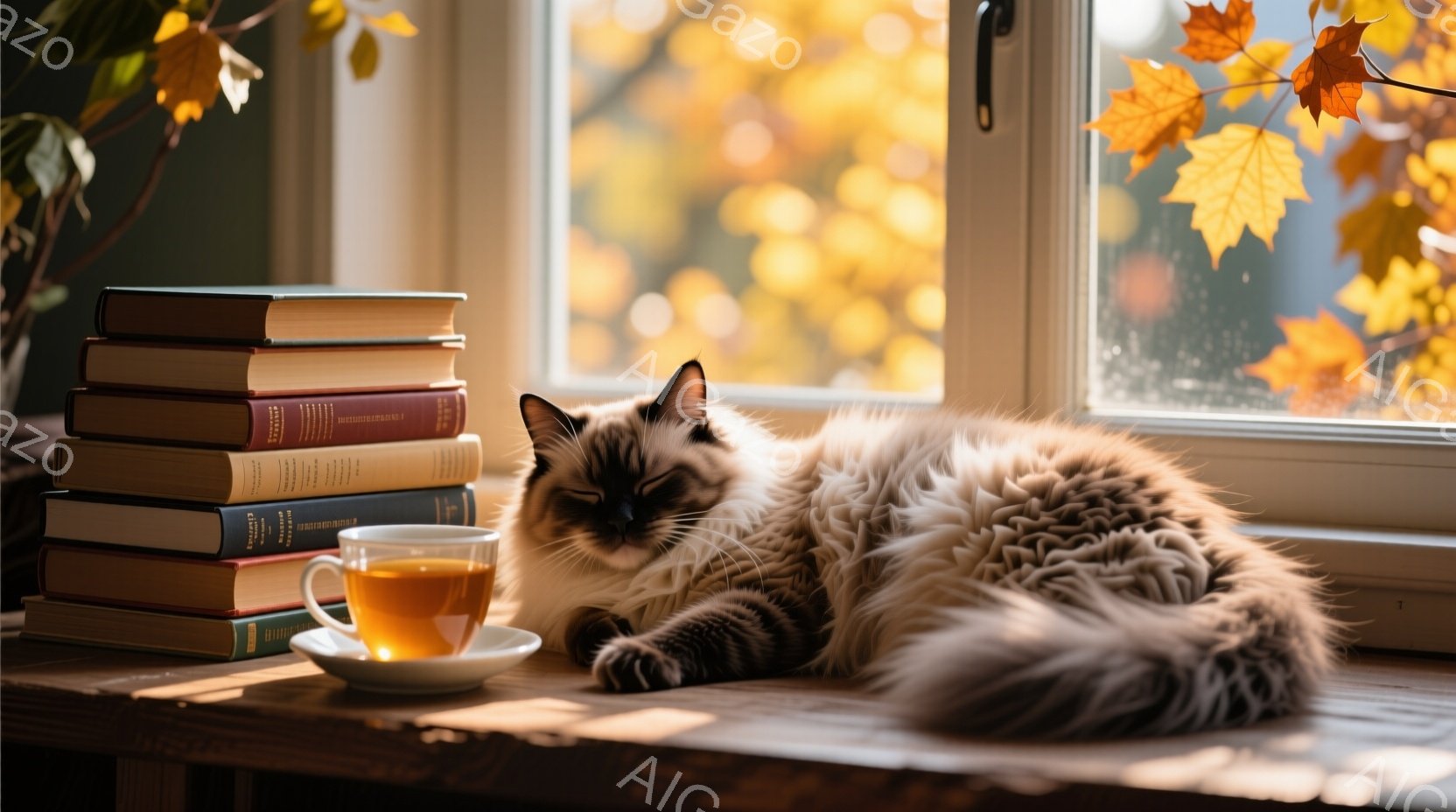 ふわふわのクリーム色の長毛猫が、積み重ねられた古書の上でリラックスして横たわっています。窓の外には鮮やかな紅葉が広がり、暖かい光が室内に差し込み、穏やかで安らかな雰囲気を醸し出しています。茶色の陶器の - AI生成フリー素材