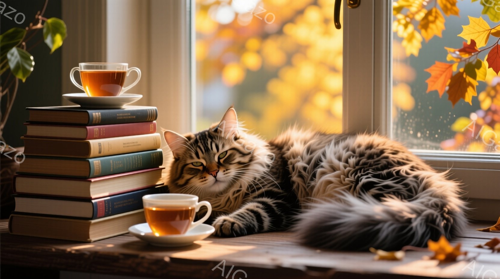 長毛の猫が積み重ねられた本の上に横たわり、リラックスした表情で目を細めています。窓の外には秋の紅葉が広がり、暖かく穏やかな雰囲気を醸し出しています。茶色の葉がいくつか窓枠に落ちており、茶色のティーカップと中身の液体が猫の近くに置かれています。