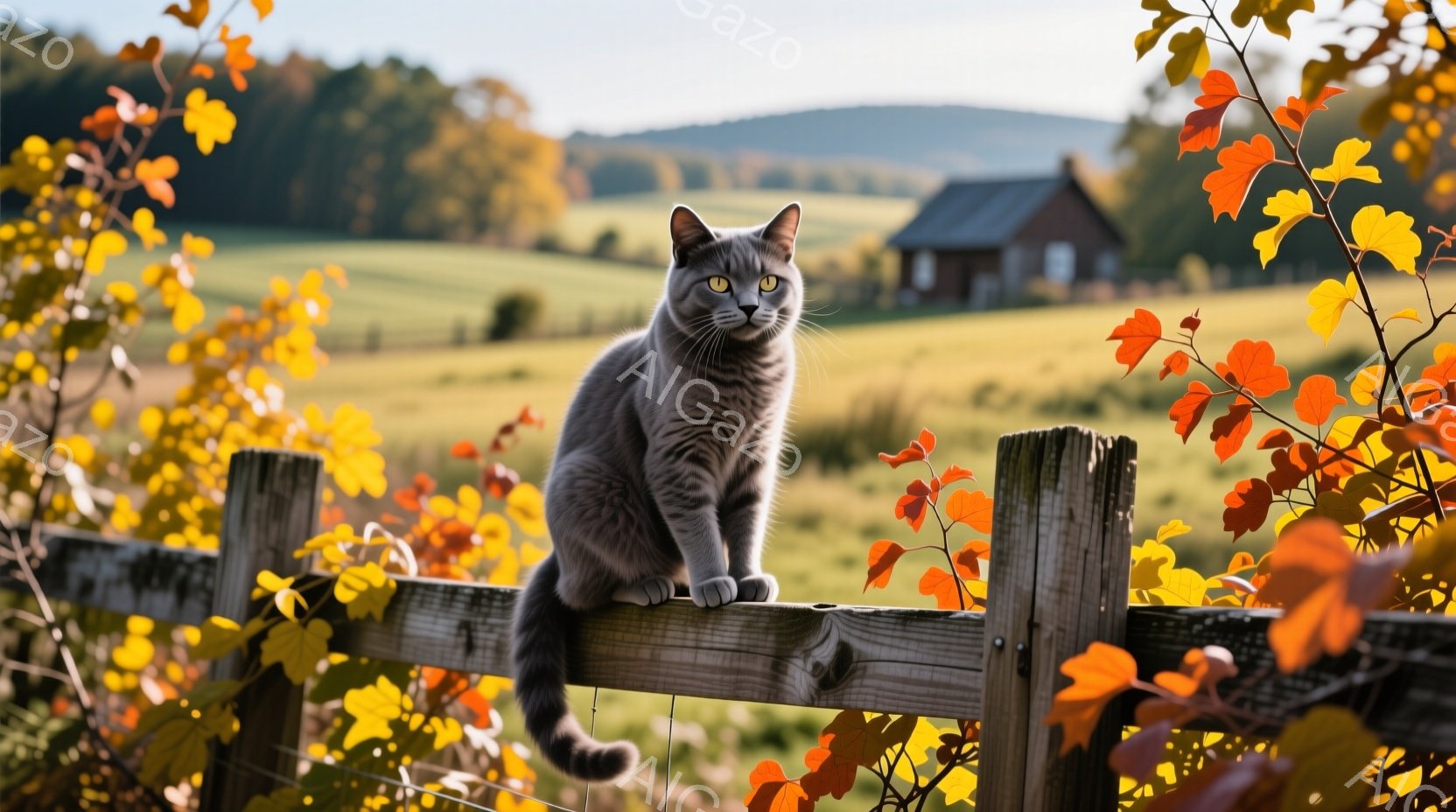 灰色の猫が木製の柵の上にとまっており、前方をまっすぐ見つめています。背景には緑の牧草地が広がり、遠くには小さな家が見え、秋らしいオレンジ色の葉が猫の周りを彩っています。全体的に穏やかで牧歌的な雰囲気で - AI生成フリー素材