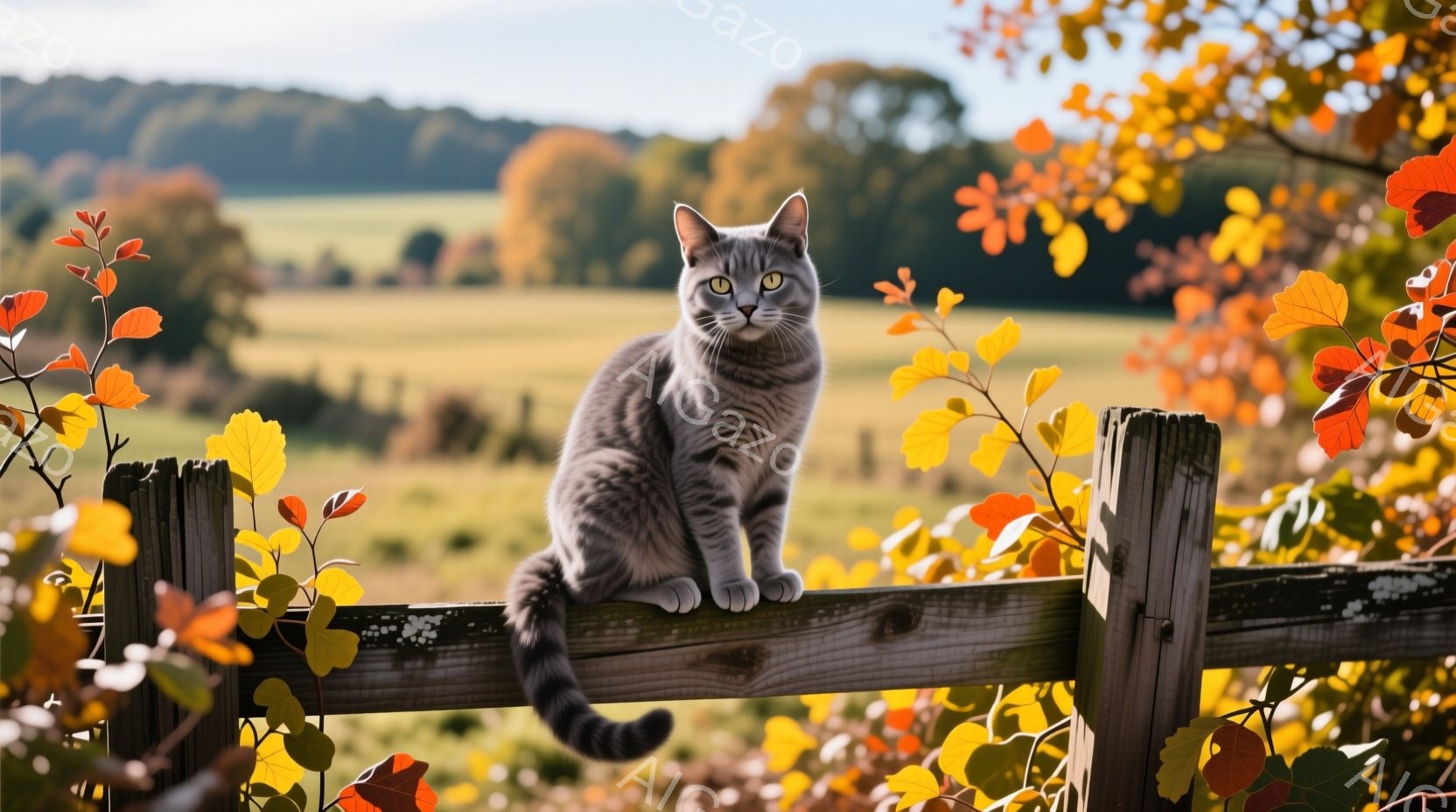 灰色の縞模様の猫が、古びた木の柵の上に座ってこちらを見つめている。秋らしいオレンジや黄色の葉が背景を彩り、緑の草原と遠くの木々が広がる穏やかな風景を作り出している。猫の表情は穏やかで、周囲の自然に溶け - AI生成フリー素材
