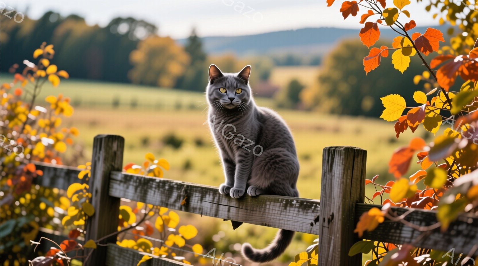 灰色がかった毛並みの猫が、木製の柵の上にとどまって座っています。背景には緑の牧草地が広がり、遠くにはなだらかな丘が見えます。秋らしい紅葉の葉が猫の周りを彩り、穏やかで自然な雰囲気を醸し出しています。 - AI生成フリー素材