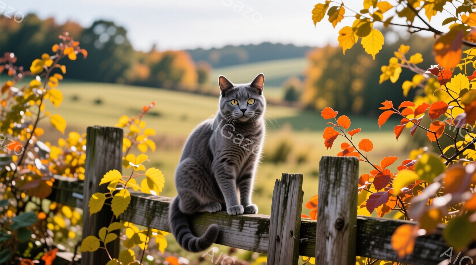 灰色がかった毛並みの猫が、古びた木の柵の上に座ってこちらを見ている。背景には緑豊かな丘陵地帯が広がり、鮮やかなオレンジ色と黄色の紅葉が猫を囲み、秋の穏やかな雰囲気を醸し出している。猫の表情は穏やかで、 - AI生成フリー素材
