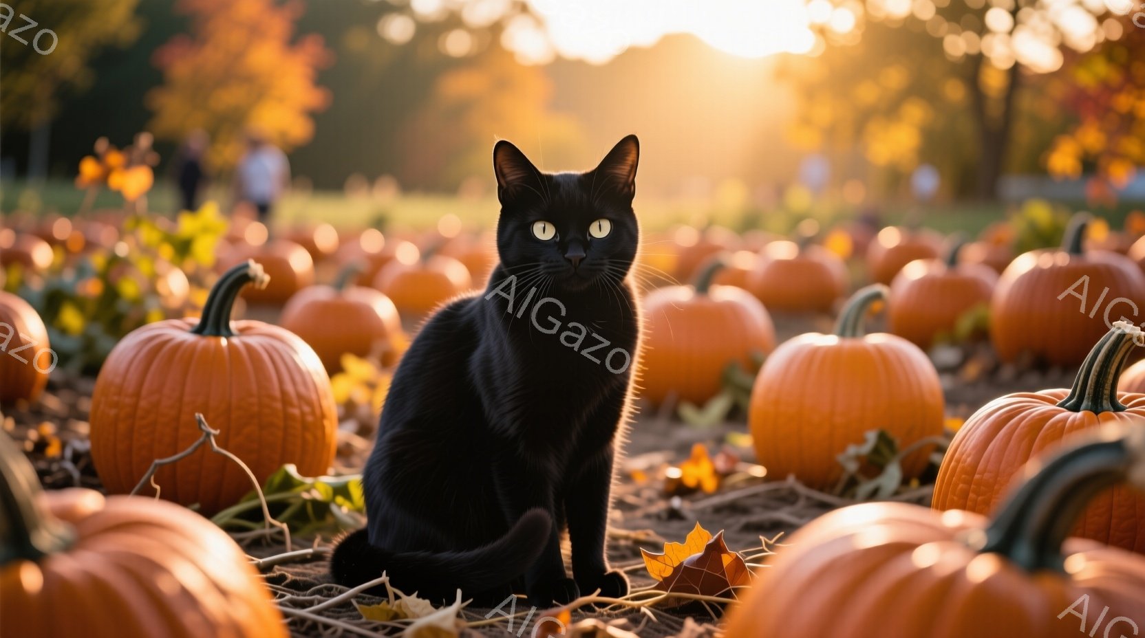黒猫がオレンジ色のカボチャ畑の中心に座っており、まっすぐカメラを見つめている。背景には、太陽の光が差し込むカボチャが広がり、秋らしい暖かく穏やかな雰囲気が漂っている。カボチャの葉や茎が地面に散らばり、 - AI生成フリー素材