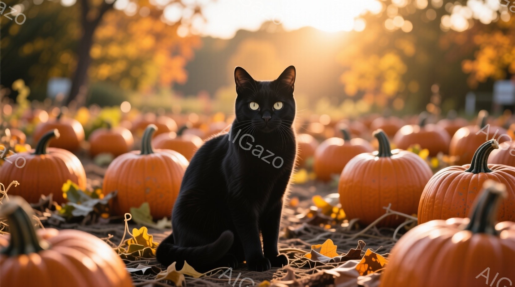 黒い猫がオレンジ色のカボチャ畑の中心に座っています。猫はまっすぐ前を見つめ、少し自信に満ちた表情をしています。背景には、秋らしい暖色系の光が差し込み、散らばった葉が秋の雰囲気を強調しています。