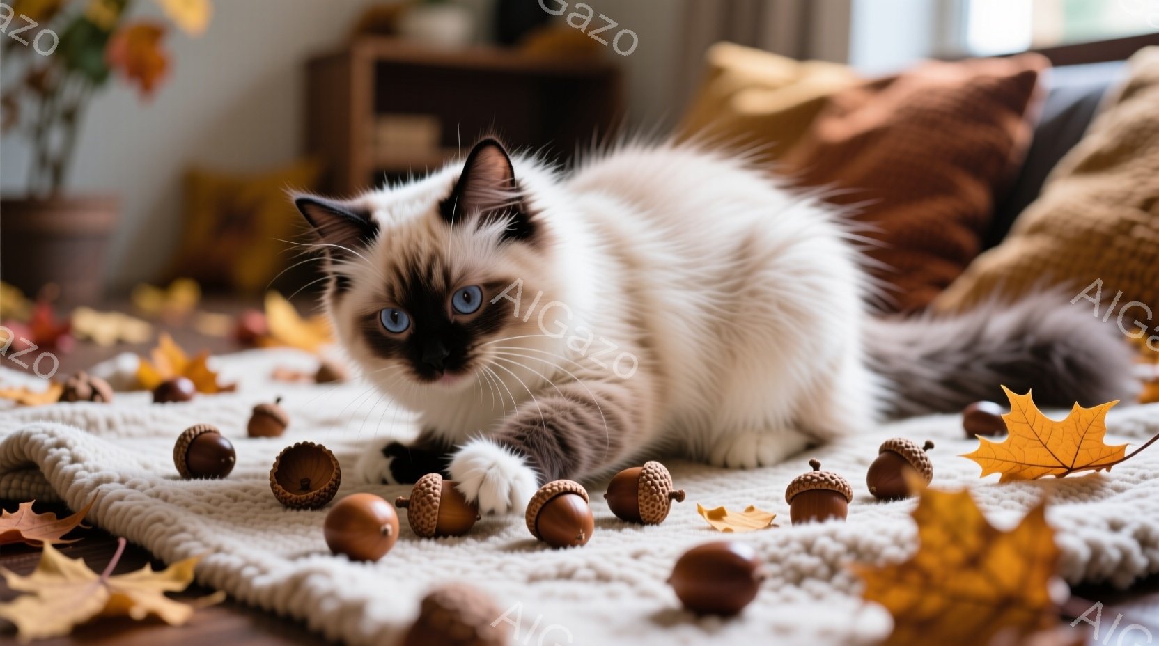 白い毛並みに黒い模様が入った猫が、茶色いドングリや黄色い落ち葉が散らばったクリーム色のニットの上にうつ伏せになり、前足を伸ばして遊んでいます。背景には、ぼやけた茶色のクッションや家具が見え、室内で秋を感じさせる暖かい雰囲気です。猫は青い目を輝かせ、リラックスした表情でくつろいでいます。