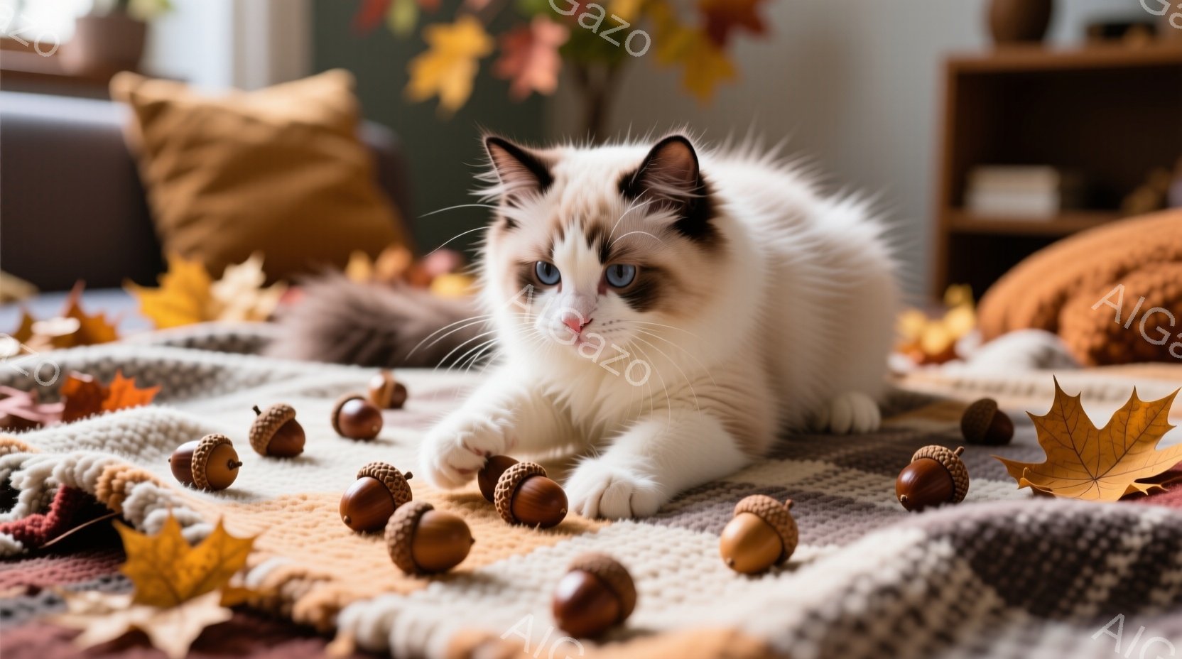 白と茶色の毛並みを持つ、美しいシャムミックスの猫が、秋らしい模様のブランケットの上に横たわっています。周りにはドングリと紅葉の葉が散りばめられ、猫はリラックスした表情で、まるで秋の収穫物を楽しんでいる - AI生成フリー素材