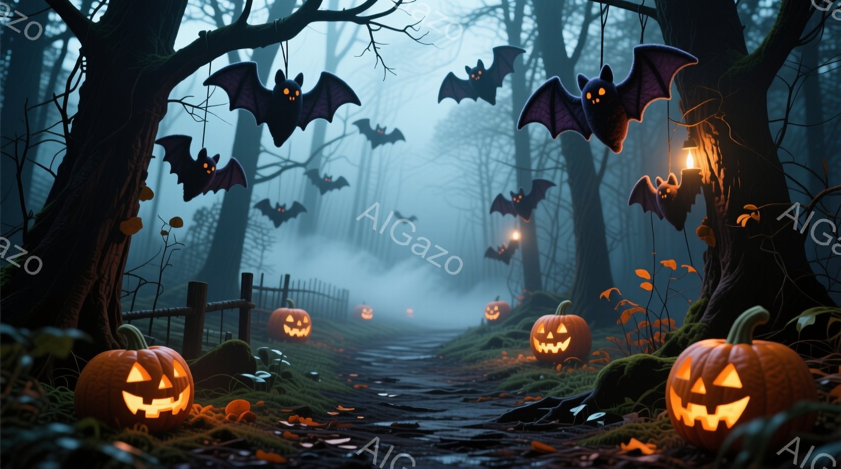 暗い森の中の道が、ハロウィーンの装飾されたカボチャのランタンで照らされています。霧が立ち込め、空には不気味なコウモリが飛び交い、背筋が寒くなるような不気味な雰囲気を醸し出しています。道沿いにはフェンス - AI生成フリー素材