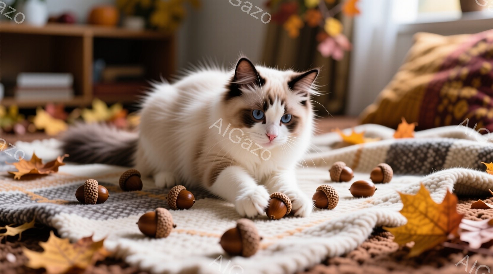 白と茶色の毛並みを持つ、美しいブルーアイのラグドール猫が、秋らしいベージュとグレーのニットブランケットの上にうつ伏せになっています。周囲には散らばったドングリが配置され、鮮やかなオレンジと黄色の落ち葉がさらに秋の雰囲気を高めています。猫は前足を伸ばし、リラックスした様子で、まるで遊んでいるかのようにも見えます。