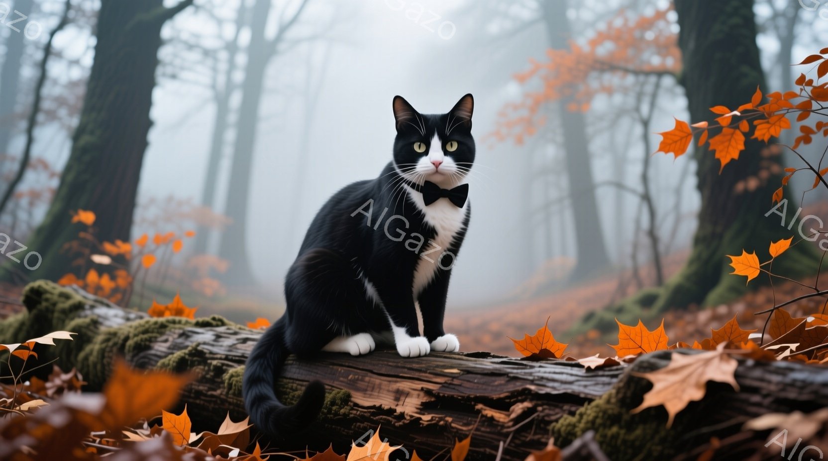 白と黒の猫が、苔むした倒木の上に座ってこちらを見つめている。背景は霧に包まれた森で、地面にはオレンジ色の落ち葉が散らばり、秋の静寂を感じさせる。猫の表情は穏やかで、神秘的な雰囲気を醸し出している。