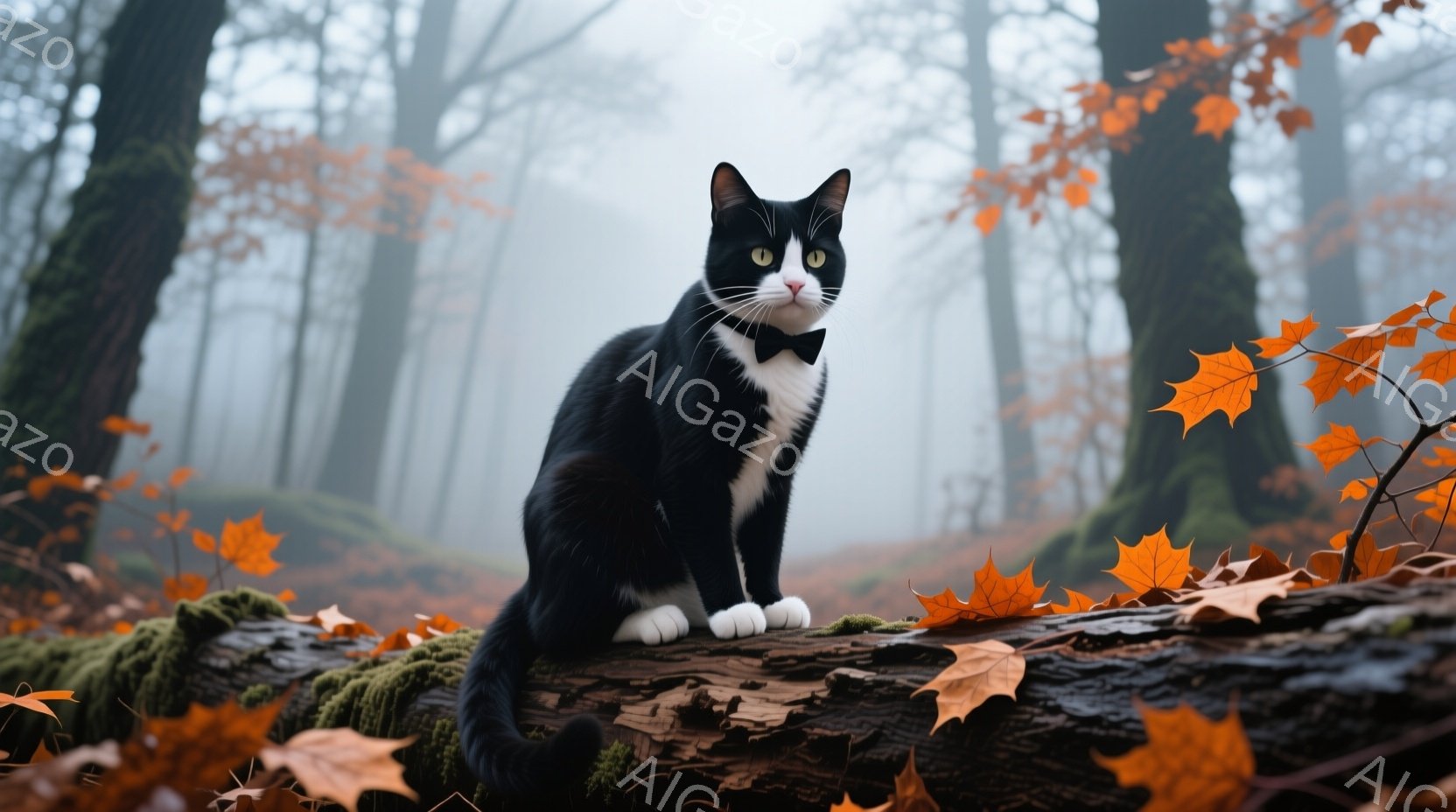 白と黒の猫が、苔むした倒木の上に座ってこちらを見ています。鮮やかなオレンジ色の紅葉が周囲に散らばり、背景には霧のかかった森が広がっています。全体的に幻想的で、少しミステリアスな雰囲気です。 - AI生成フリー素材