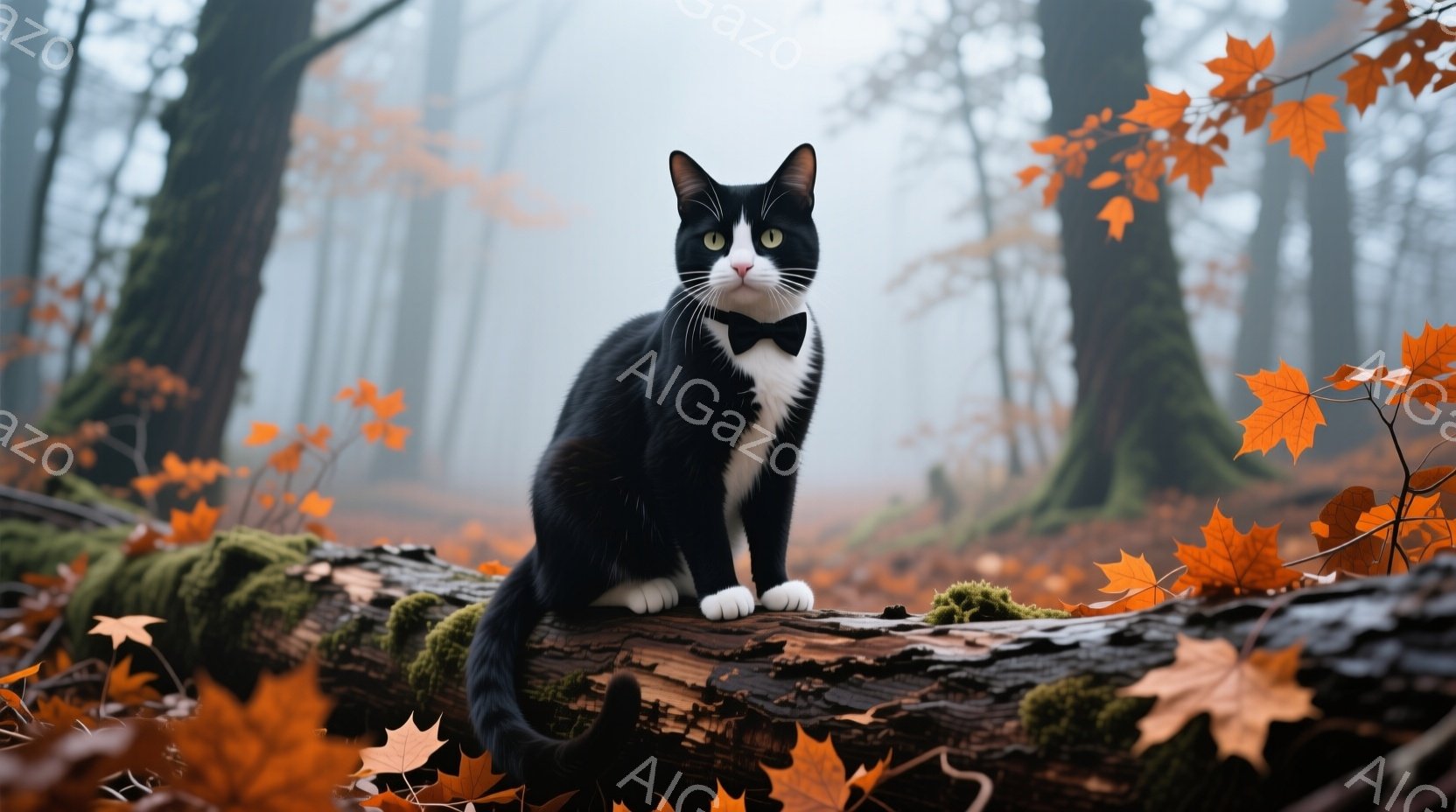 白と黒の猫が、苔むした倒木の上に座って正面を見つめており、赤い蝶ネクタイを締めている。背景には霧がかった森林が広がり、落ち葉が散らばっている様子が描かれている。全体的に、落ち着いた雰囲気で、少し神秘的 - AI生成フリー素材