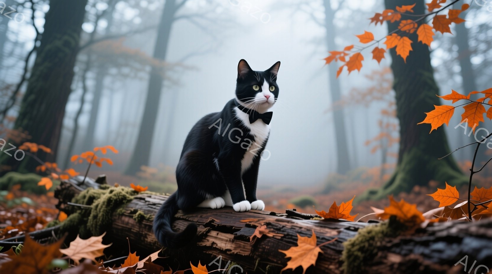白と黒の猫が、苔むした倒木の上に優雅に座っている。鮮やかなオレンジ色の落ち葉が周囲に散らばり、背景には霧のかかった深い森が広がっている。猫は首に蝶ネクタイをつけ、少し前方を見つめる、気品漂う姿はまるで - AI生成フリー素材