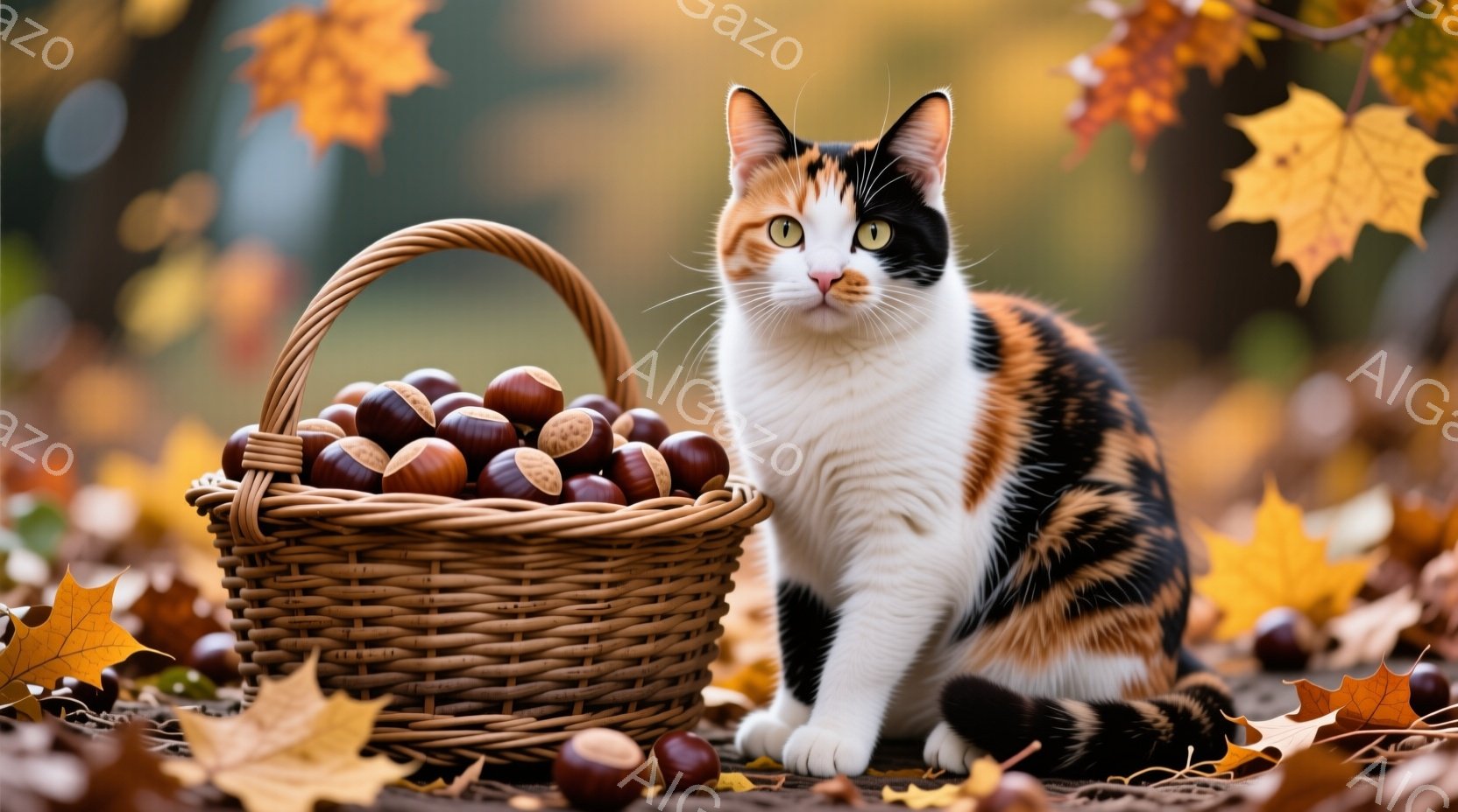 白と茶色のまだら模様の猫が、落ち葉と栗が散らばる地面に座っています。そばには、たくさんの栗が入った籐の籠が置かれており、背景は秋らしい紅葉で彩られています。猫は少し上目遣いで、穏やかでリラックスした雰囲気を醸し出しています。