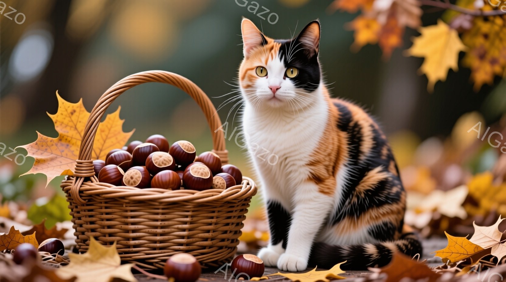 オレンジ、白、黒のまだら模様の猫が、木の板の上で正面を向いて座っています。猫の隣には、ドングリでいっぱいの編み込みのバスケットが置かれており、周囲には落ち葉が散らばっています。秋の暖かく穏やかな雰囲気が漂い、猫はリラックスした表情でこちらを見つめています。