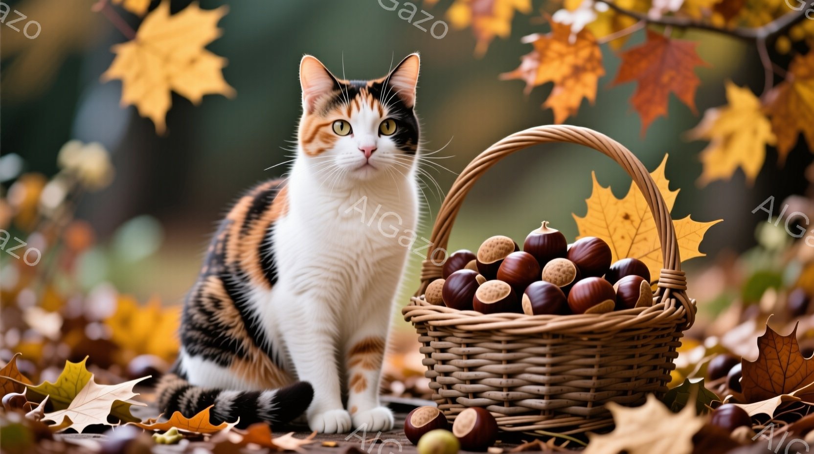 白とオレンジ色のまだら模様の猫が、木製の板の上に座って正面を見ています。周りには落ち葉が散らばり、隣にはドングリがたくさん入った籐の籠があります。秋の暖かく穏やかな雰囲気が漂い、猫はリラックスした表情 - AI生成フリー素材