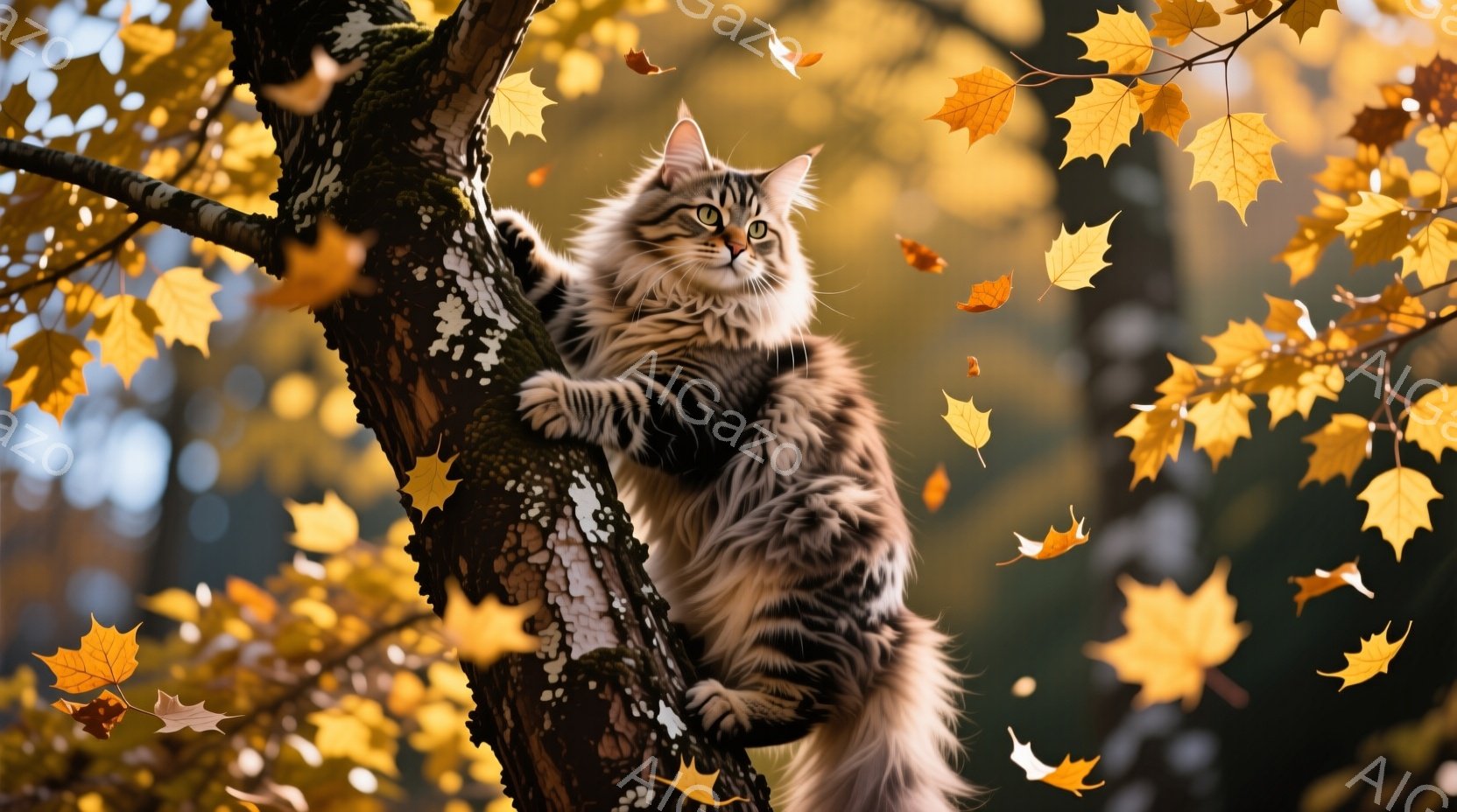 長毛の灰色の猫が木の幹にしがみついています。その表情は少し上目遣いで、周囲を興味深そうに観察しているようです。背景には秋らしい黄色の葉が舞い散り、暖かく穏やかな雰囲気が漂っています。