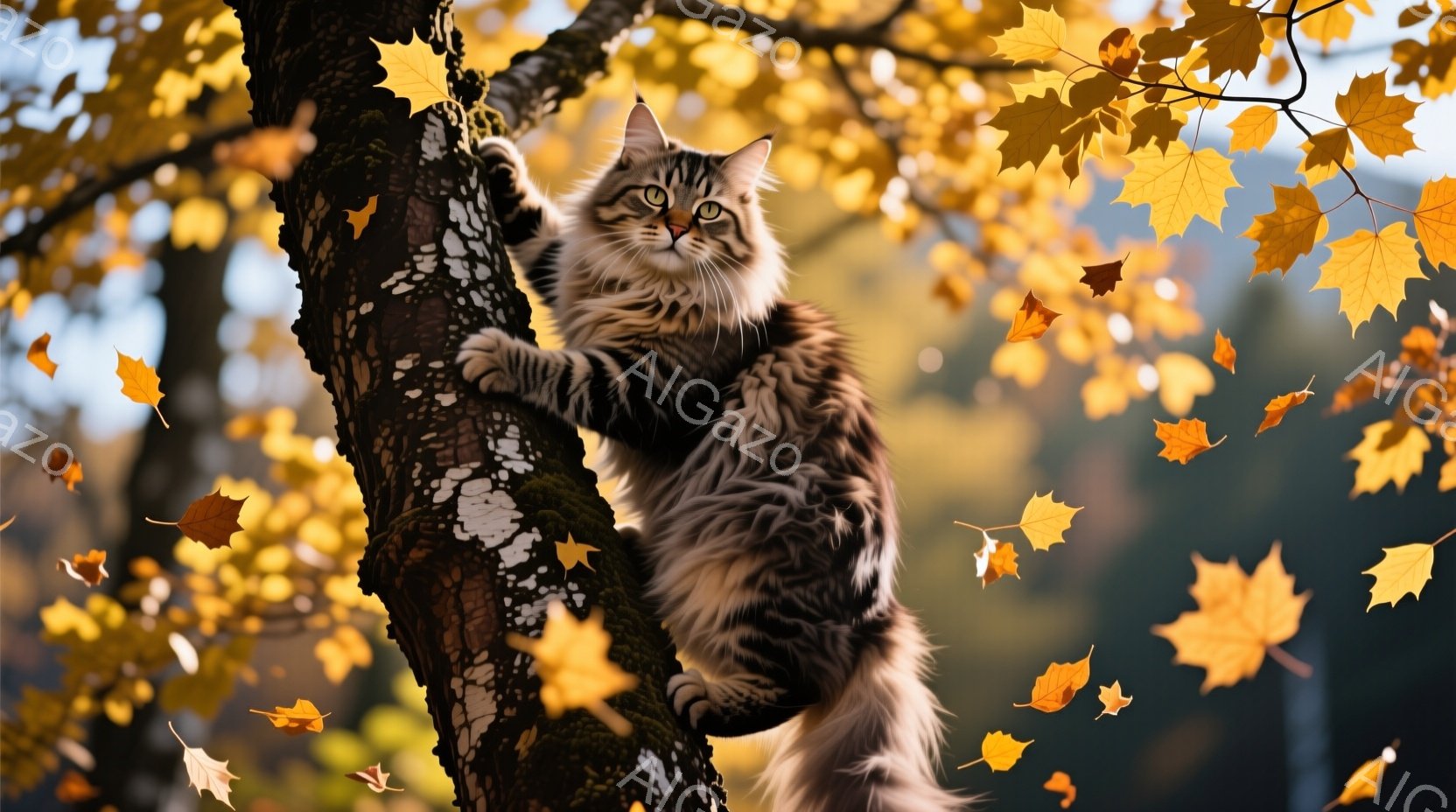 秋の景色を楽しむタイガーキャットが登り降りする木に乗っているという風味豊かなシーンを描いています。 キャットは手を差し出して、下の枝に足を組み合わせた状態で歩きながら登り降り中です。その表情は、やや恐れや不安そうなもので、キャット自体は長くて柔らかい毛並みに、対立する統一色を持っています。 背景は、多くの黄葉が際立つような、晴れた日により明るく暖かい気候であり、その印象は、キャットの活発さと自然の美しさを重視するものです。