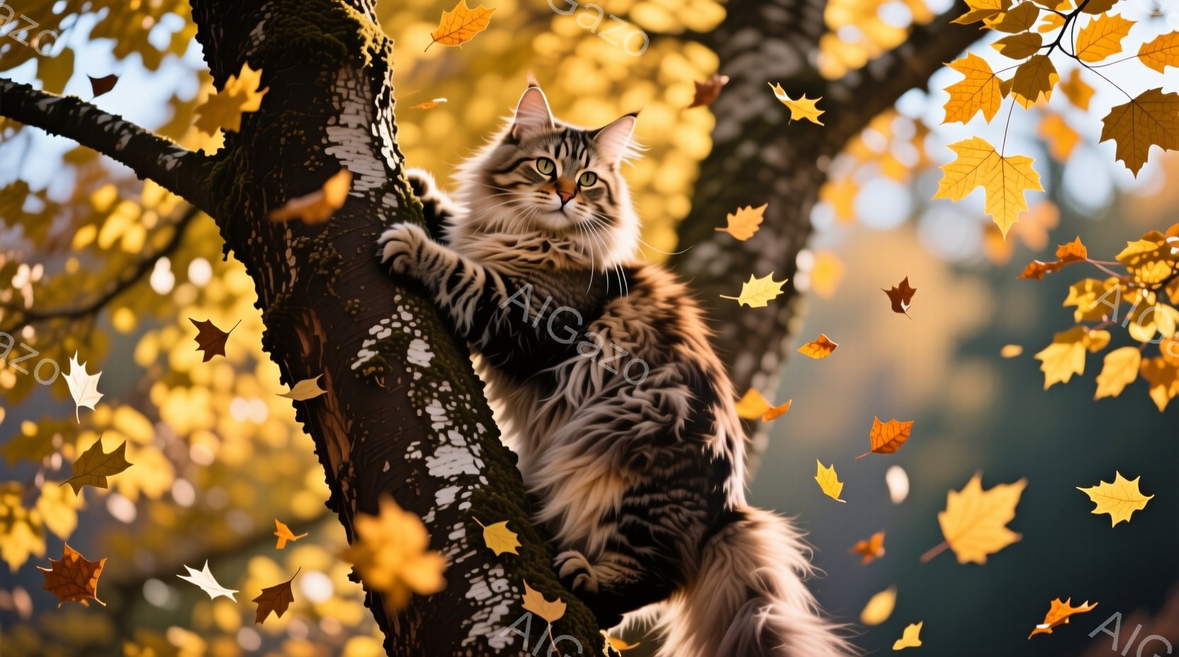 長毛の縞模様の猫が木の幹にしがみついています。背景は秋の鮮やかな黄色の葉で満たされ、暖かく穏やかな雰囲気を醸し出しています。猫は自信に満ちた表情で、まるで秋の風景の一部のように見えます。 - AI生成フリー素材