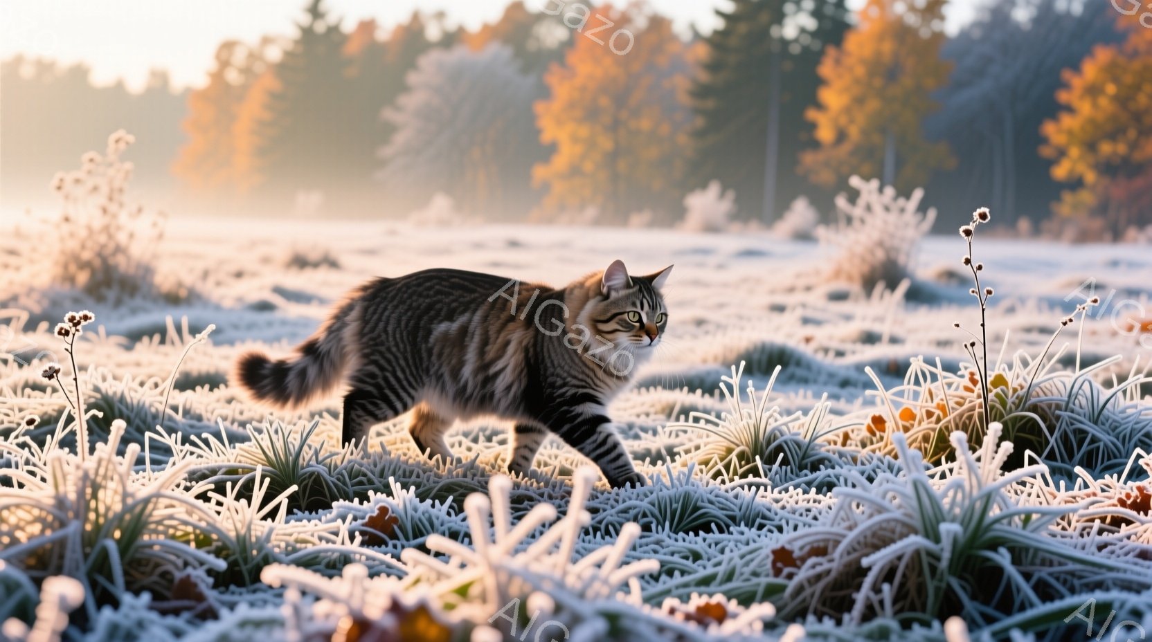 「冷たい朝の森、白足のタイガー。太陽が出ぼうと毛髪も立ち上る。」