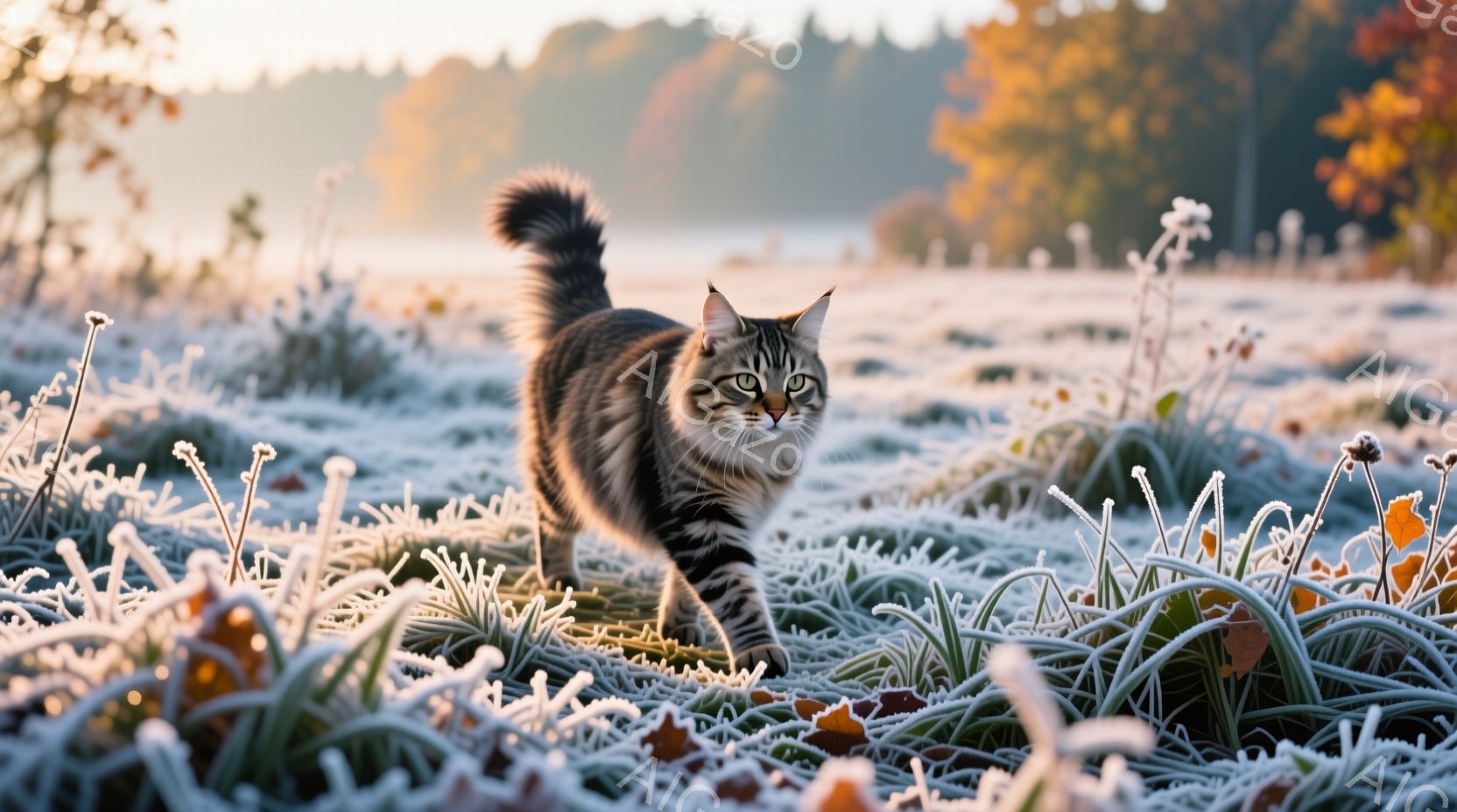 霜で覆われた草むらの中を、縞模様の猫が自信を持って歩いている。猫は緑色の目をしており、前方をまっすぐ見つめている。背景にはぼやけた木々と朝焼けのオレンジ色の光が広がり、穏やかで静寂な雰囲気を醸し出して - AI生成フリー素材