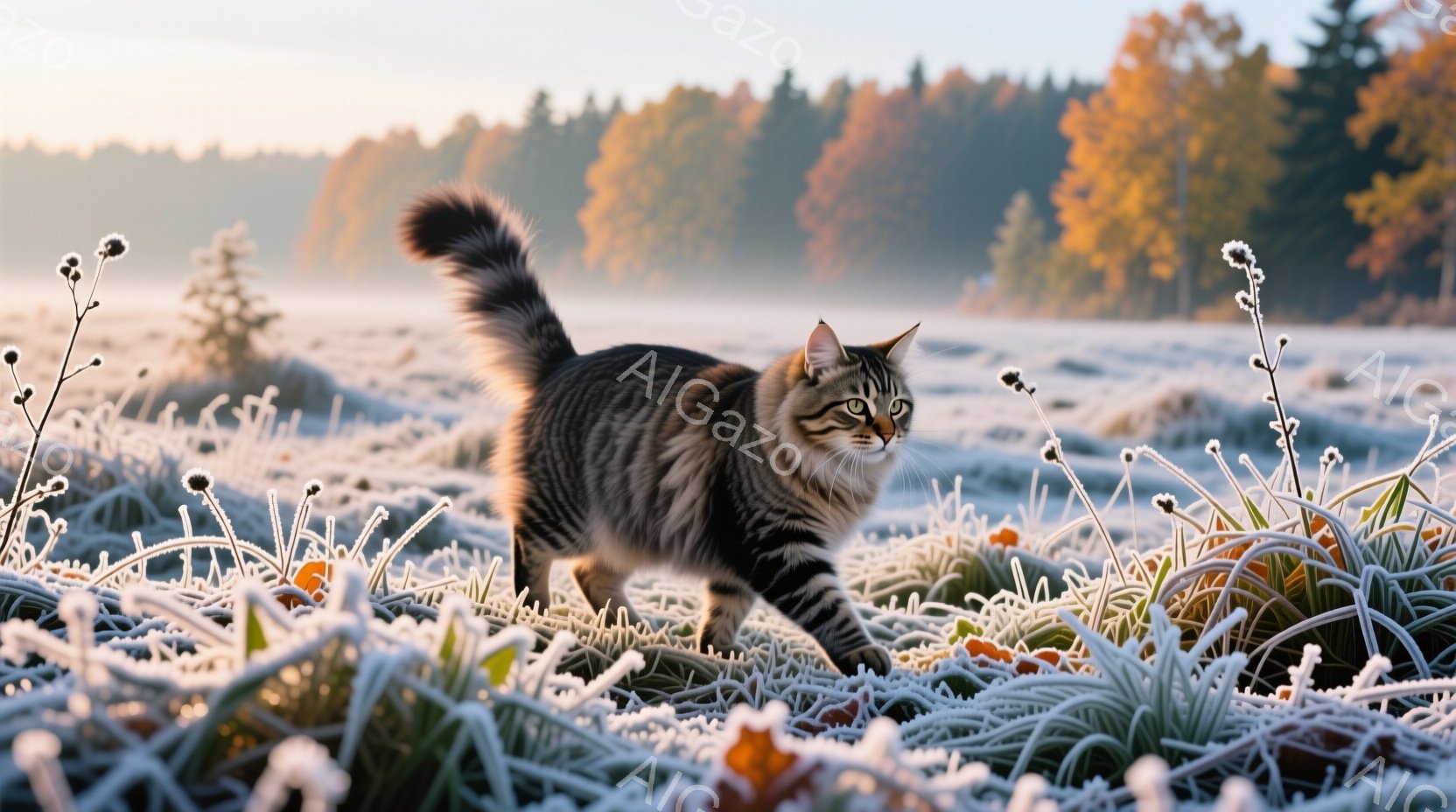 縞模様の猫が霜で覆われた草地を歩いている。背景には、秋の紅葉した木々と霧が立ち込める風景が広がり、冷たい空気と静寂が感じられる。猫は前方をまっすぐ見つめ、凛とした表情で、冬の訪れを感じさせる一枚である。