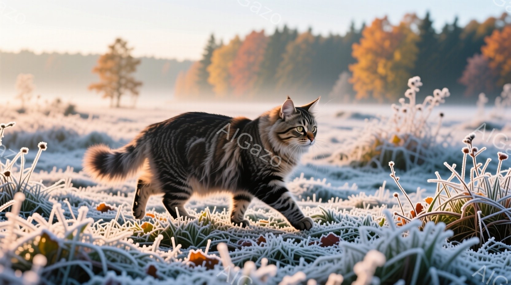 縞模様の猫が、霜で覆われた草むらの中を歩いている。背景には霧が立ち込め、遠くには秋色の木々がぼんやりと見える穏やかな朝の風景だ。猫は警戒しながらも、どこか優雅な足取りで進んでいる。 - AI生成フリー素材
