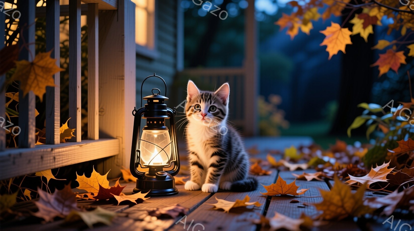 縞模様の小さな子猫が木製のデッキの上に座っており、傍らには点灯したランタンが置かれている。背景にはぼやけた家の壁と、紅葉した落ち葉が散らばっており、秋の夜の静けさが感じられる。暖色の光が猫と落ち葉を照 - AI生成フリー素材