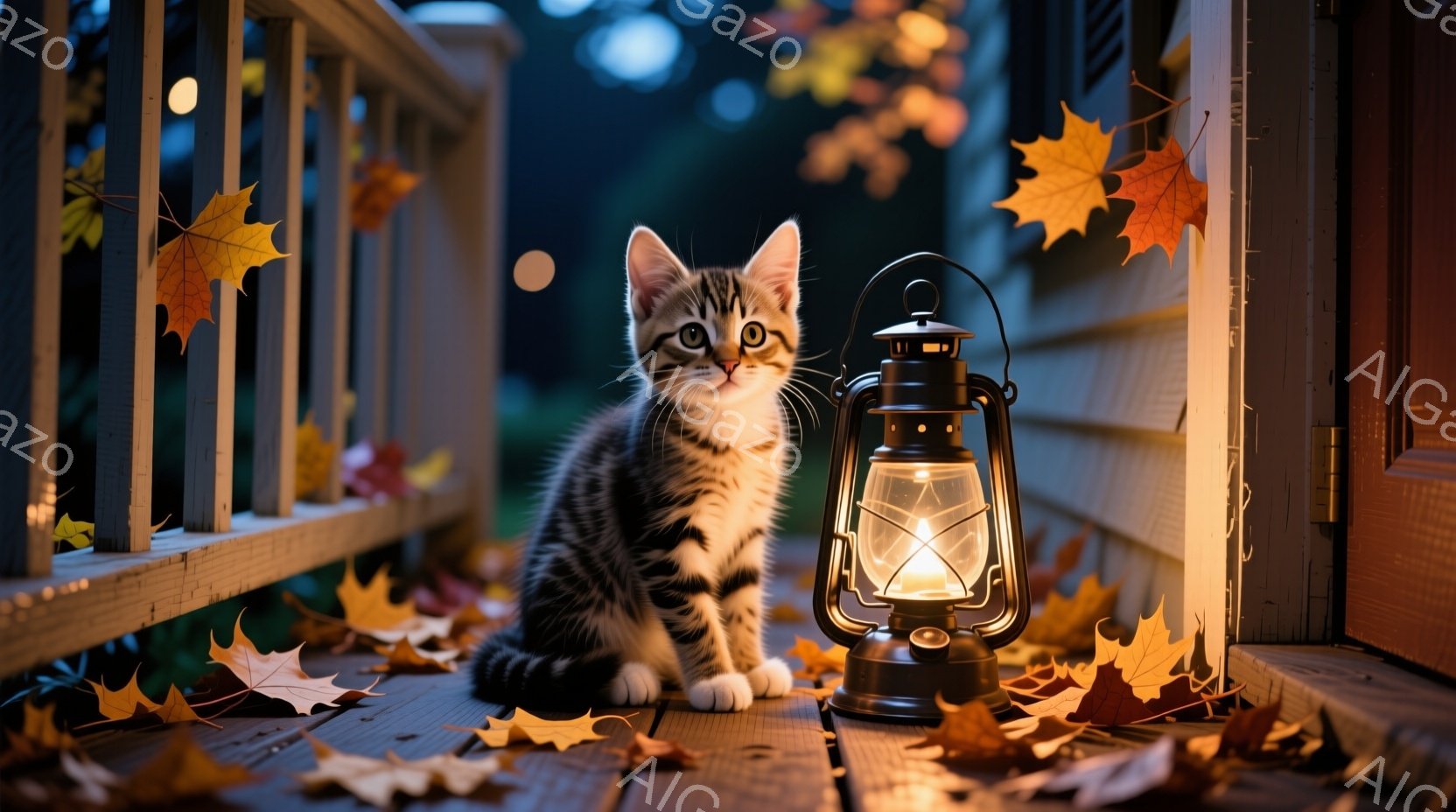 縞模様の小さな子猫が木製のデッキに座り、正面を見つめています。周囲には散らばった紅葉が敷き詰められ、暖かく光るランタンが子猫の横に置かれています。背景は暗く、ぼやけた木々が見え、秋の夜の穏やかな雰囲気を醸し出しています。