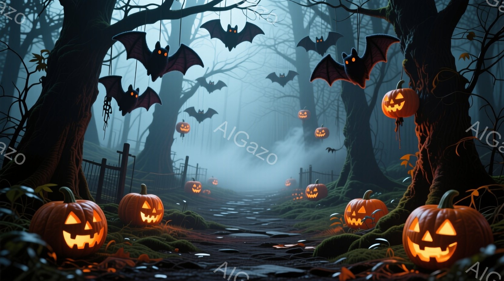霧深い森の道が、ハロウィーンの雰囲気を醸し出しています。道沿いには不気味な笑みを浮かべたジャック・オー・ランタンが並び、上空にはシルエットのコウモリが舞っています。背景には古びた柵と暗い木々が連なり、 - AI生成フリー素材