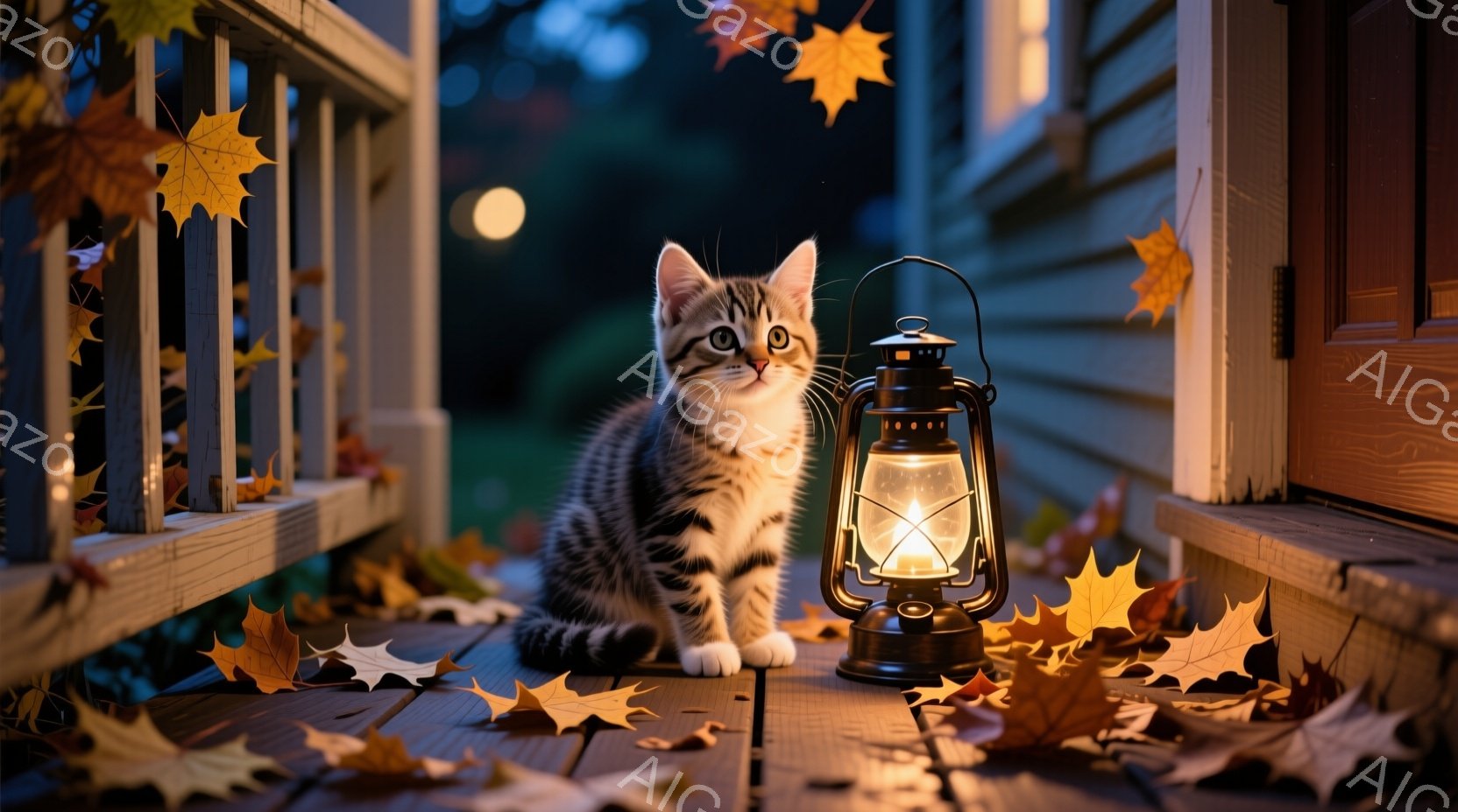 白と茶色の縞模様の小さな子猫が、木の階段の段に座って正面を見つめています。周囲には落ち葉が散らばり、古風なオイルランプが子猫の横で暖かく光を放っています。背景は夜の暗がりで、わずかに光る建物があり、秋の落ち着いた雰囲気を醸し出しています。