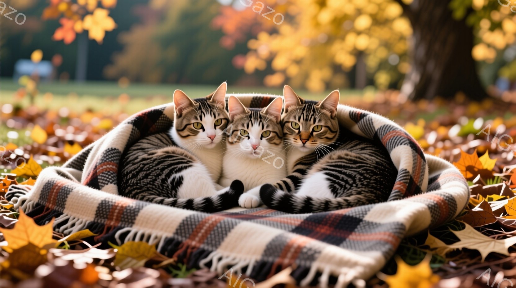 白と茶色の縞模様の猫が三匹、チェック柄のブランケットに寄り添って座っています。猫たちはリラックスした表情で、少しずつ顔を覗かせています。背景には鮮やかな紅葉と緑の芝生が広がり、秋の穏やかな雰囲気を醸し出しています。