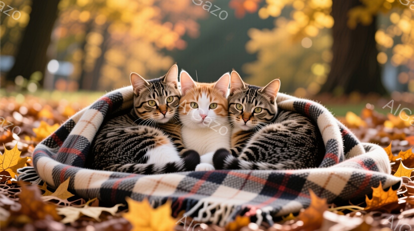 暖炉のような丸いベッドの中に、三匹の猫が寄り添って眠っています。中央の猫は白とオレンジのまだら模様で、左右には灰色の縞模様の猫がいます。背景には鮮やかな紅葉が散りばめられ、秋の穏やかな雰囲気を醸し出しています。