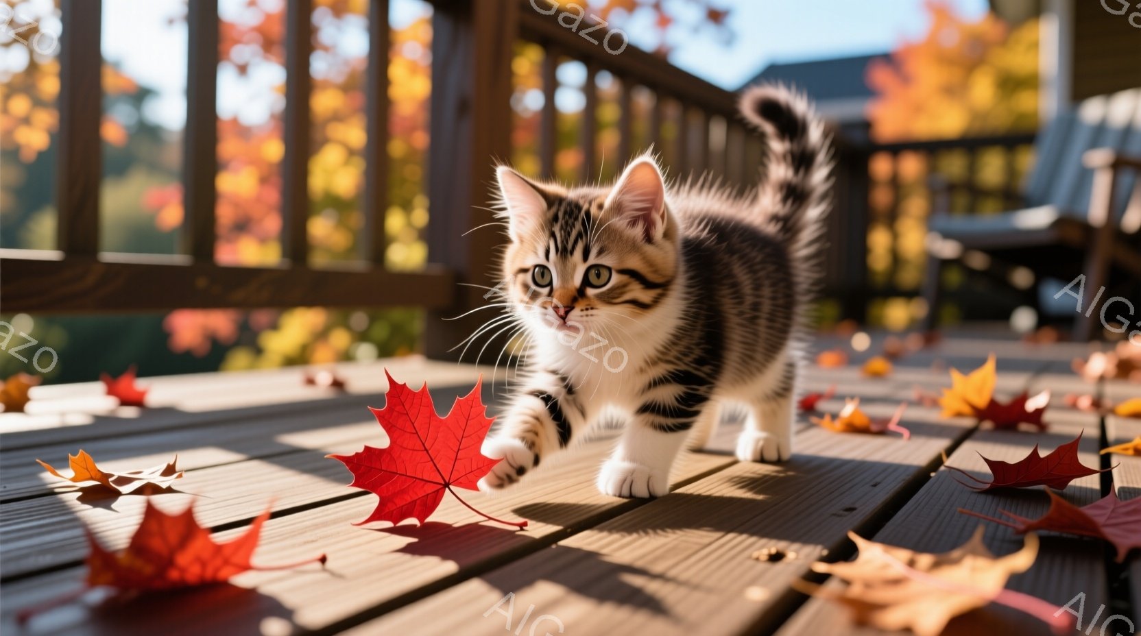 縞模様の小さな子猫が、落ち葉が散らばる木のデッキの上を歩いています。子猫は前足を伸ばし、好奇心に満ちた表情で何かを見つめています。背景には鮮やかな紅葉と木製の柵が見え、秋の穏やかで暖かい雰囲気が漂っています。