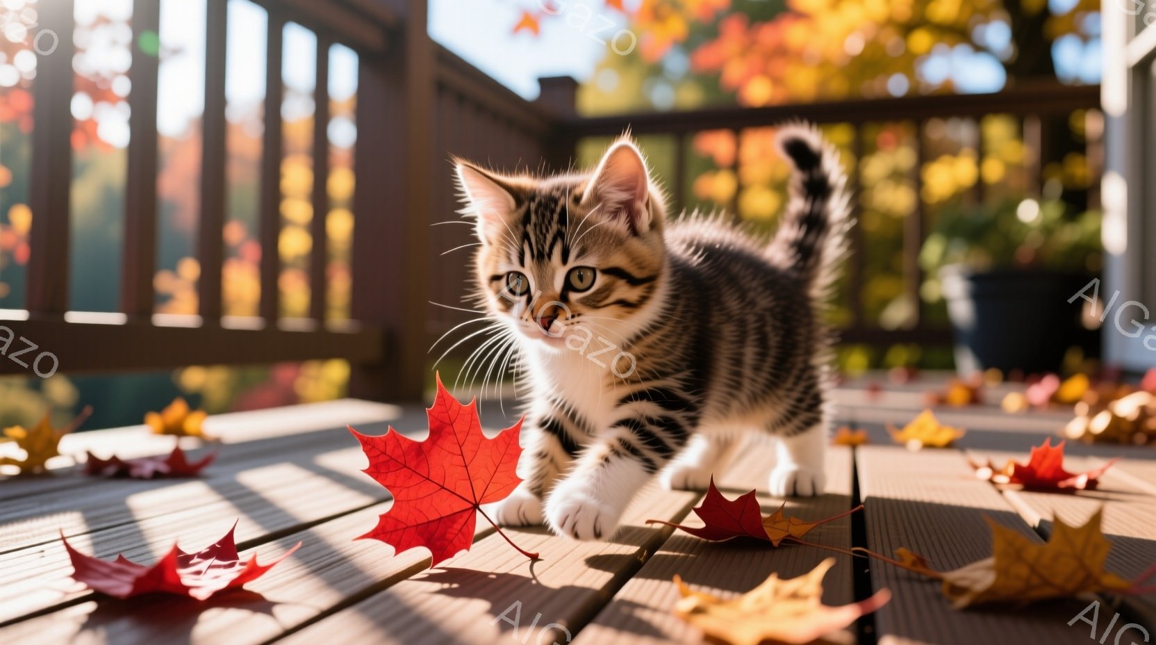 小さな縞模様の猫が木のデッキの上を歩いています。秋の赤いカエデの葉が猫の周りに散らばり、背景には緑豊かな植物とぼやけた家の外観が見えます。暖かく柔らかな光が差し込み、秋の穏やかな雰囲気を醸し出しています。