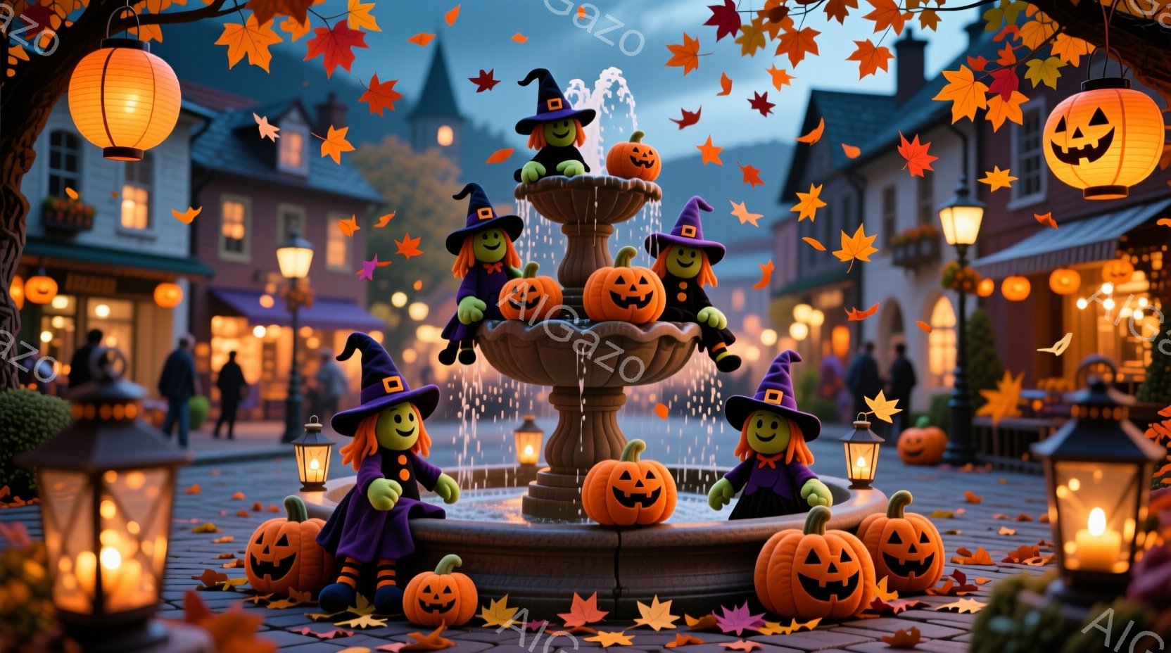 ハロウィーンの飾り付けがされた噴水広場が描かれています。カボチャのランタンと魔女の帽子をかぶった人形たちが噴水の段に座り、楽しげな表情をしています。背景には、ハロウィーンの装飾が施された建物が並び、落 - AI生成フリー素材