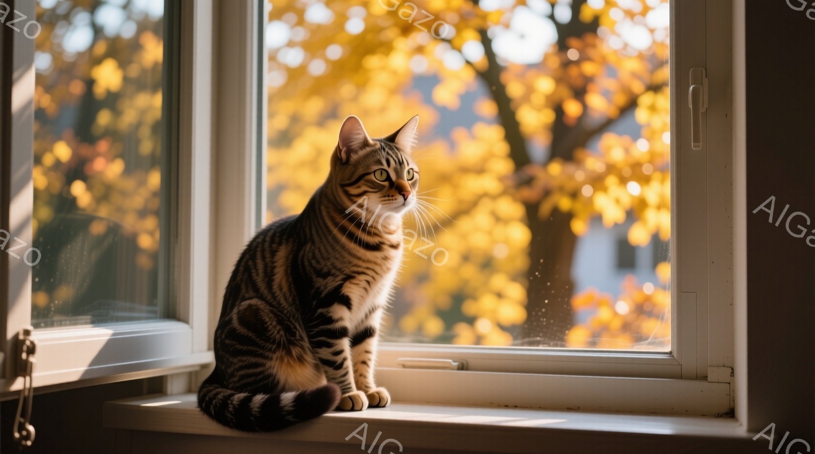 縞模様の猫が窓辺に座り、遠くを見つめています。窓の外には、秋の鮮やかな黄葉が広がり、暖かく穏やかな雰囲気を作り出しています。猫の毛並みは美しく、光に照らされて輝いており、リラックスした様子が伝わってき - AI生成フリー素材