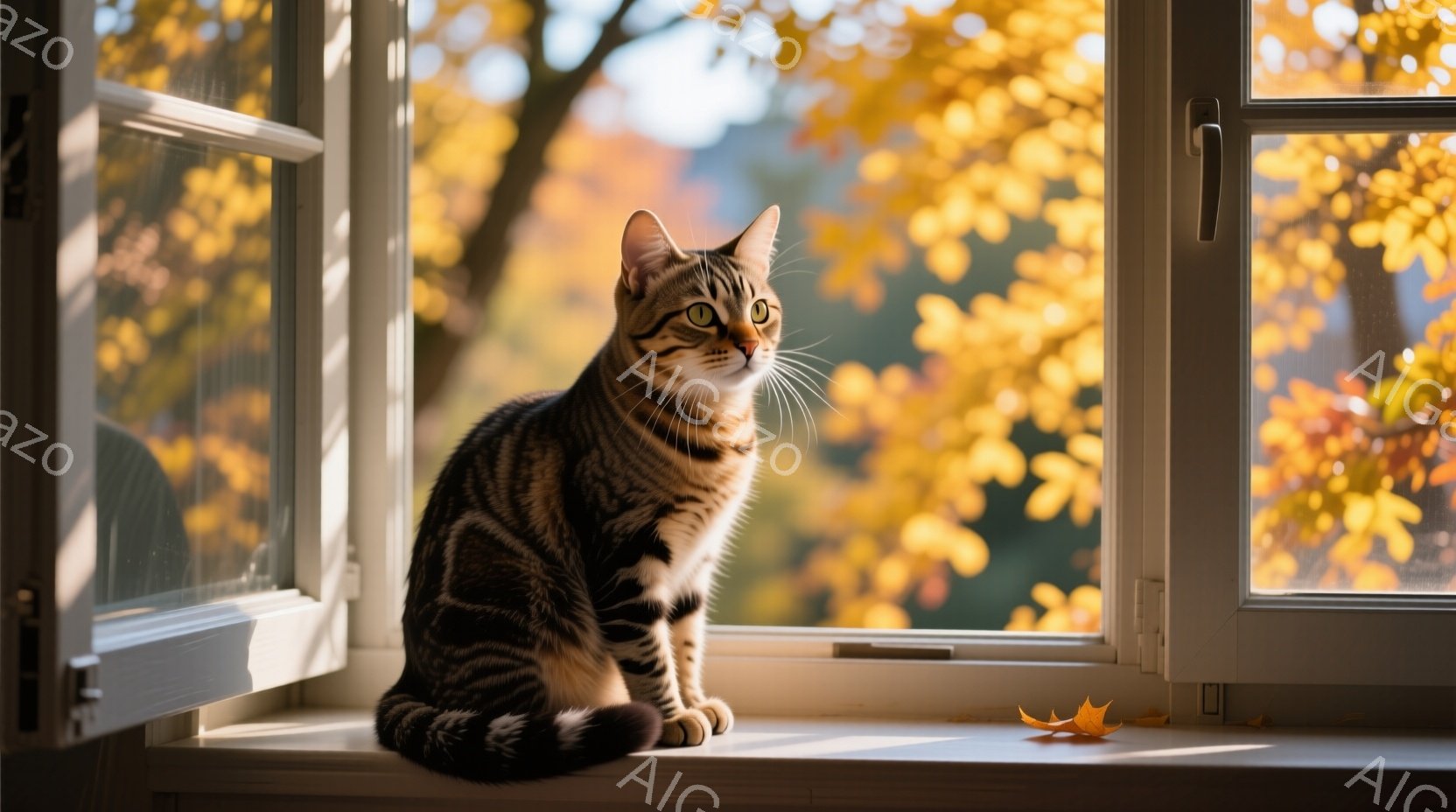 縞模様の猫が窓枠に座り、外を見つめている。秋の鮮やかな紅葉が背景に広がり、窓枠には落ち葉が一つ置かれている。柔らかい光が猫を照らし、温かく穏やかな雰囲気が漂っている。