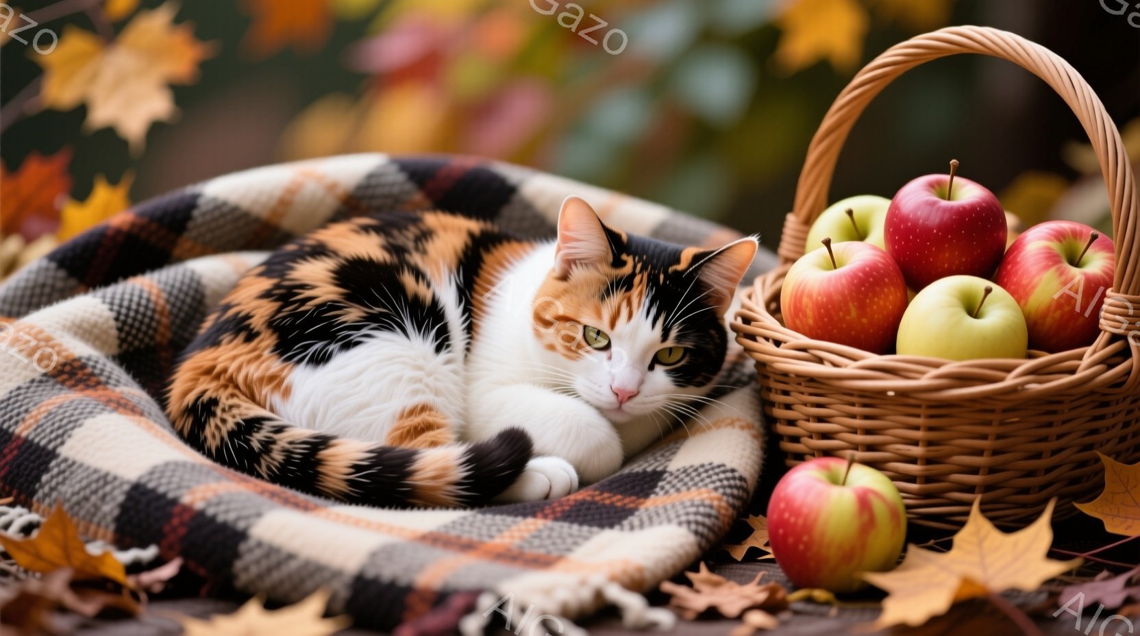 秋の風景をイメージするカラフルなタブbyキャットが中央に休んでいる様子を描いています。猫は柔らかく、身体を整理しており、顔の表情は少し不機嫌そうで、目を開けて、興味深いように見つめるような笑顔です。 キャットはパターン毛地の小さな枕で休んでおり、その周りに混ぜ落ちたオークリップとリンゴがいくつかあります。背景は風雅な秋のシーンで、黄金色の紅葉が地面に降り注いでおり、空は青く明るく、快適な気候の中で猫はリラックスしています。