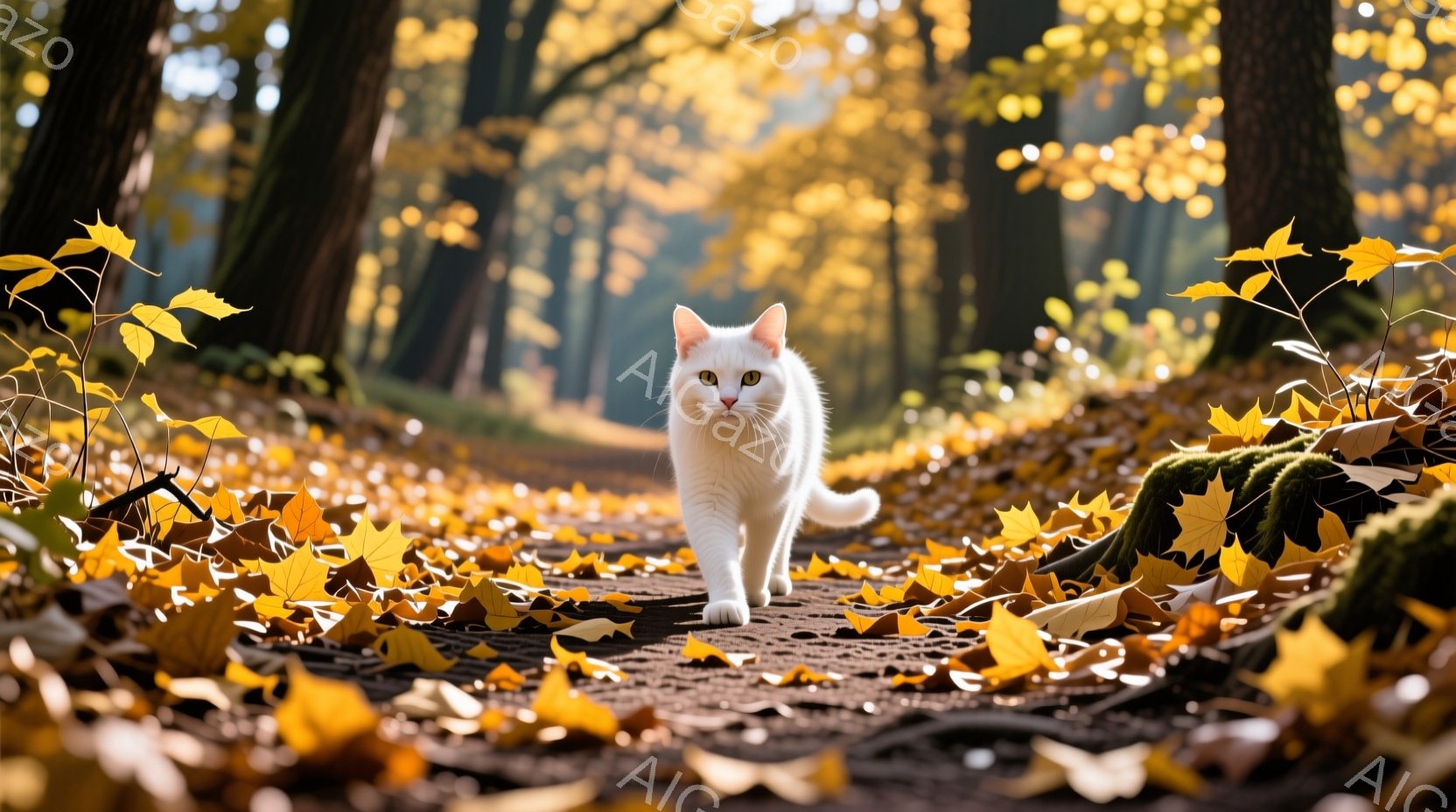 白い猫が落ち葉が敷き詰められた森の小道を歩いている。背景には木々が立ち並び、秋の光が差し込み、暖かく穏やかな雰囲気を醸し出している。猫は前方をまっすぐ見つめ、静かで堂々とした姿を見せている。 - AI生成フリー素材