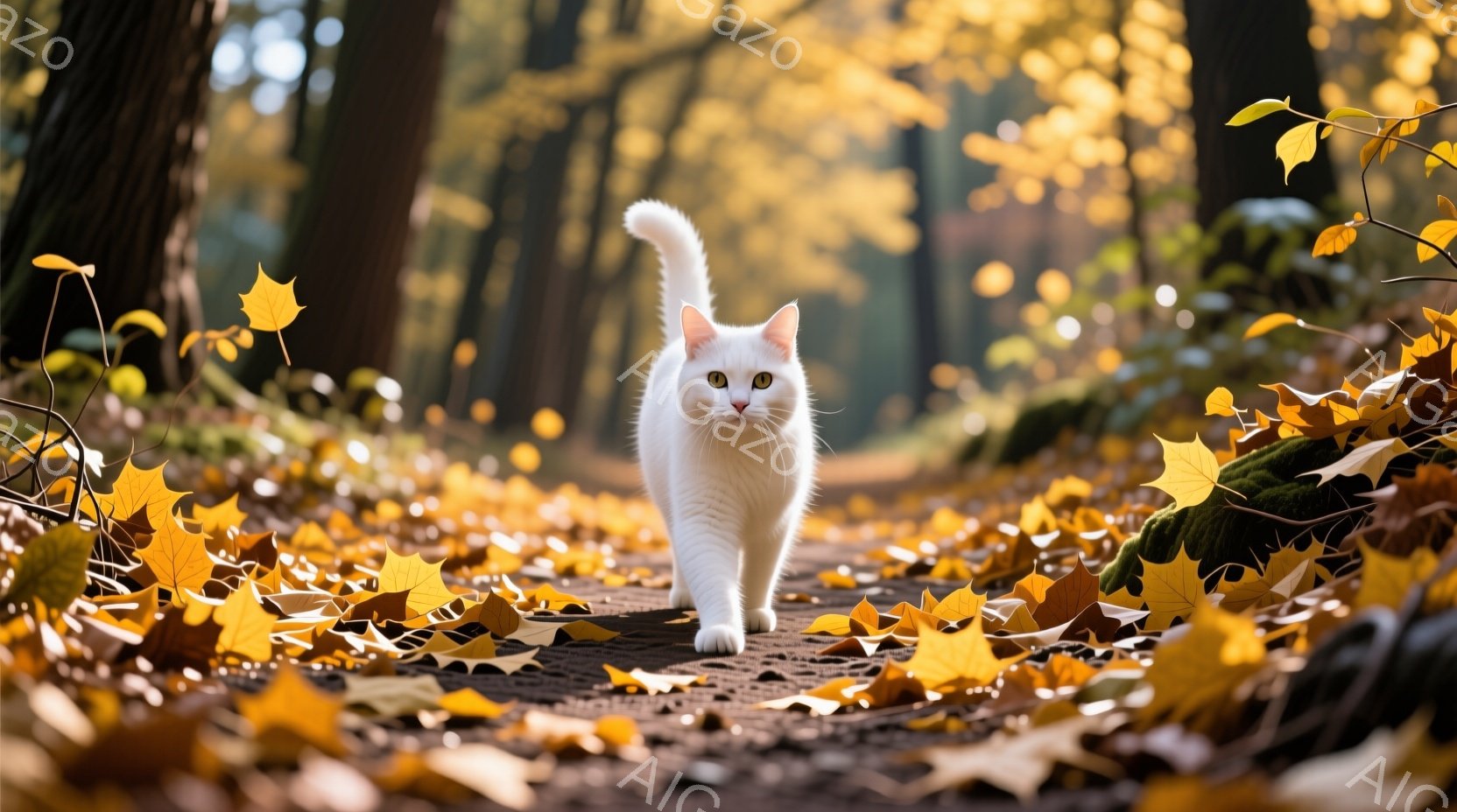 白い猫が、落ち葉が敷き詰められた森の小道を歩いている。猫はまっすぐ前を見ており、ふわふわの尻尾が優雅に上がっている。背景は鮮やかな黄色の葉っぱと暗い木々で、穏やかで秋らしい雰囲気を醸し出している。 - AI生成フリー素材