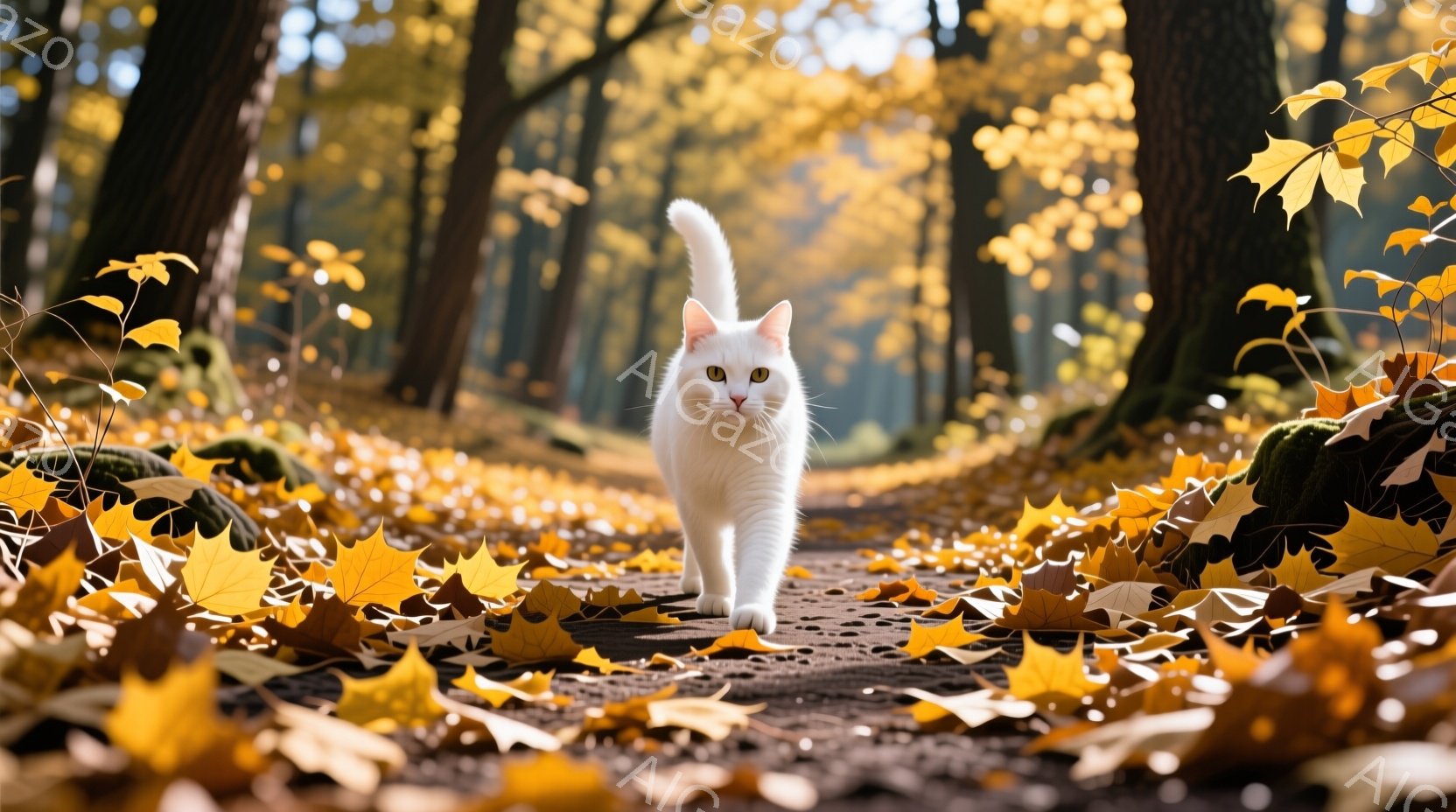 白い猫が、秋の落ち葉が敷き詰められた森の小道を堂々と歩いている。猫はまっすぐ前を見据え、ふさふさの尻尾を高く上げて、自信に満ちた表情をしている。背景には木々が立ち並び、金色とオレンジ色の落ち葉が、暖か - AI生成フリー素材