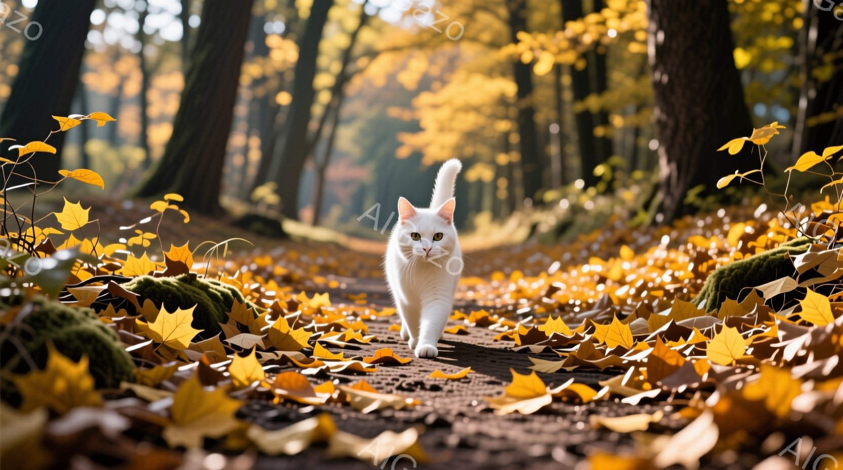 白い猫が、秋の落ち葉が敷き詰められた森の小道を堂々と歩いている。猫は前方をまっすぐ見つめ、尻尾をピンと立てており、自信に満ちた様子が伺える。背景には緑の苔が生えた木々が立ち並び、秋の光が差し込み、暖かく穏やかな雰囲気を醸し出している。