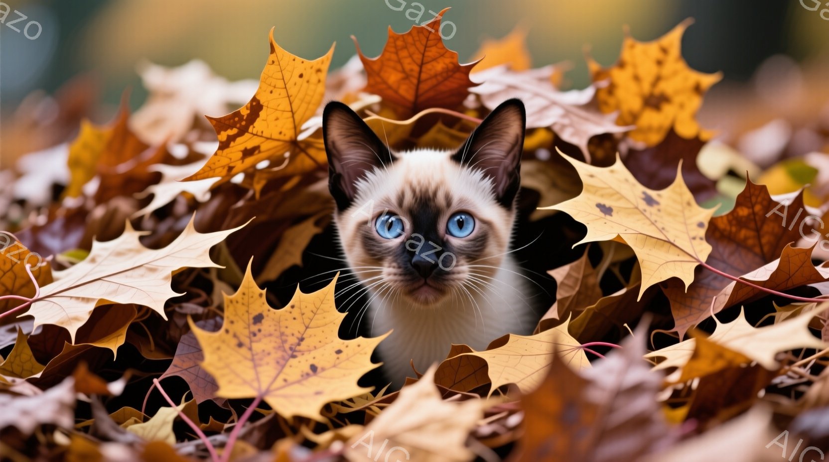 シナモンの毛並みを持つ猫が、落ち葉の中に顔を覗かせています。青い瞳が印象的で、まるで秋の妖精のような神秘的な表情をしています。背景は鮮やかな紅葉で覆われ、暖かく穏やかな秋の雰囲気が漂っています。 - AI生成フリー素材